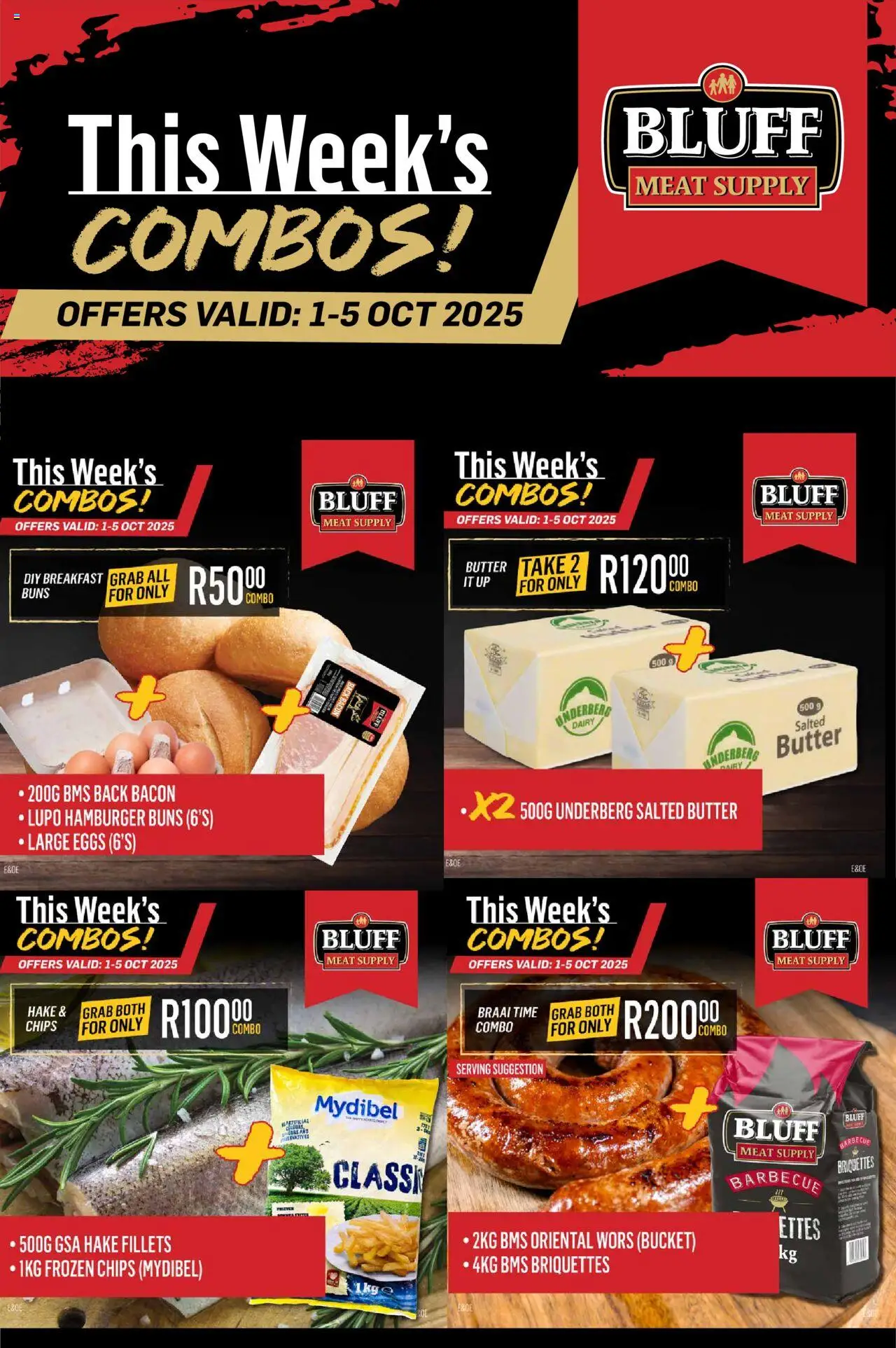 New Bluff Meat Supply catalogue – valid from 01.10.2025 | Page: 2 | Products: Buns, Eggs, Chips, Bacon