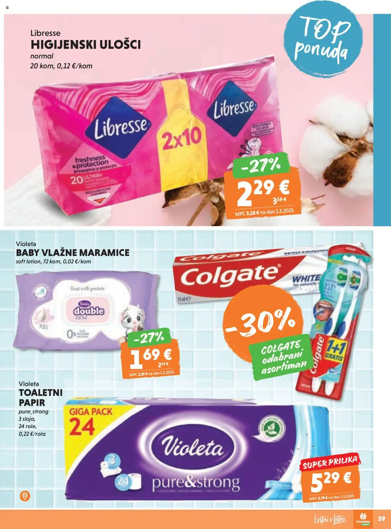 Studenac katalog | vrijedi od 13.08.2025 | Stranica: 59 | Proizvodi: Higijenski ulošci, Vlažne maramice, Violeta, Libresse