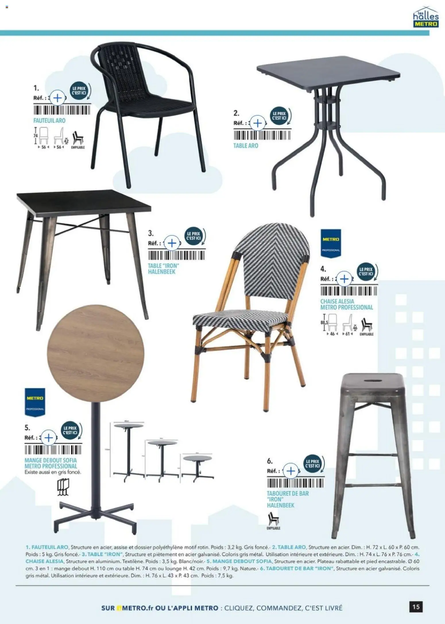 {H1} | Page: 15 | Produits: Plateau, Mange debout, Tabouret de bar, Chaise