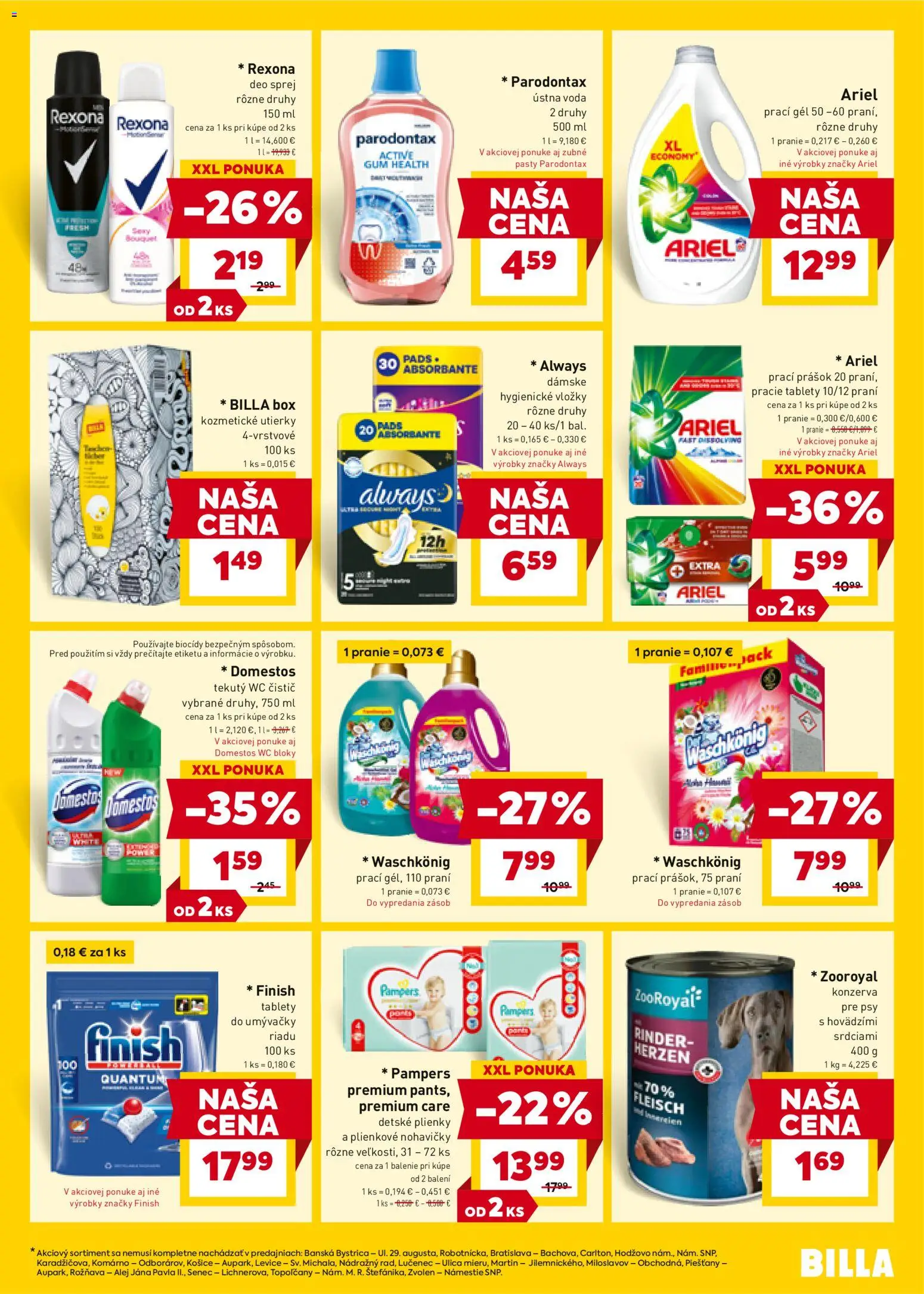 Nové Billa akcie – leták je platný od 29.10.2025 | Strana: 19 | Produkty: Prací prášok, Ústna voda, Ariel, Domestos