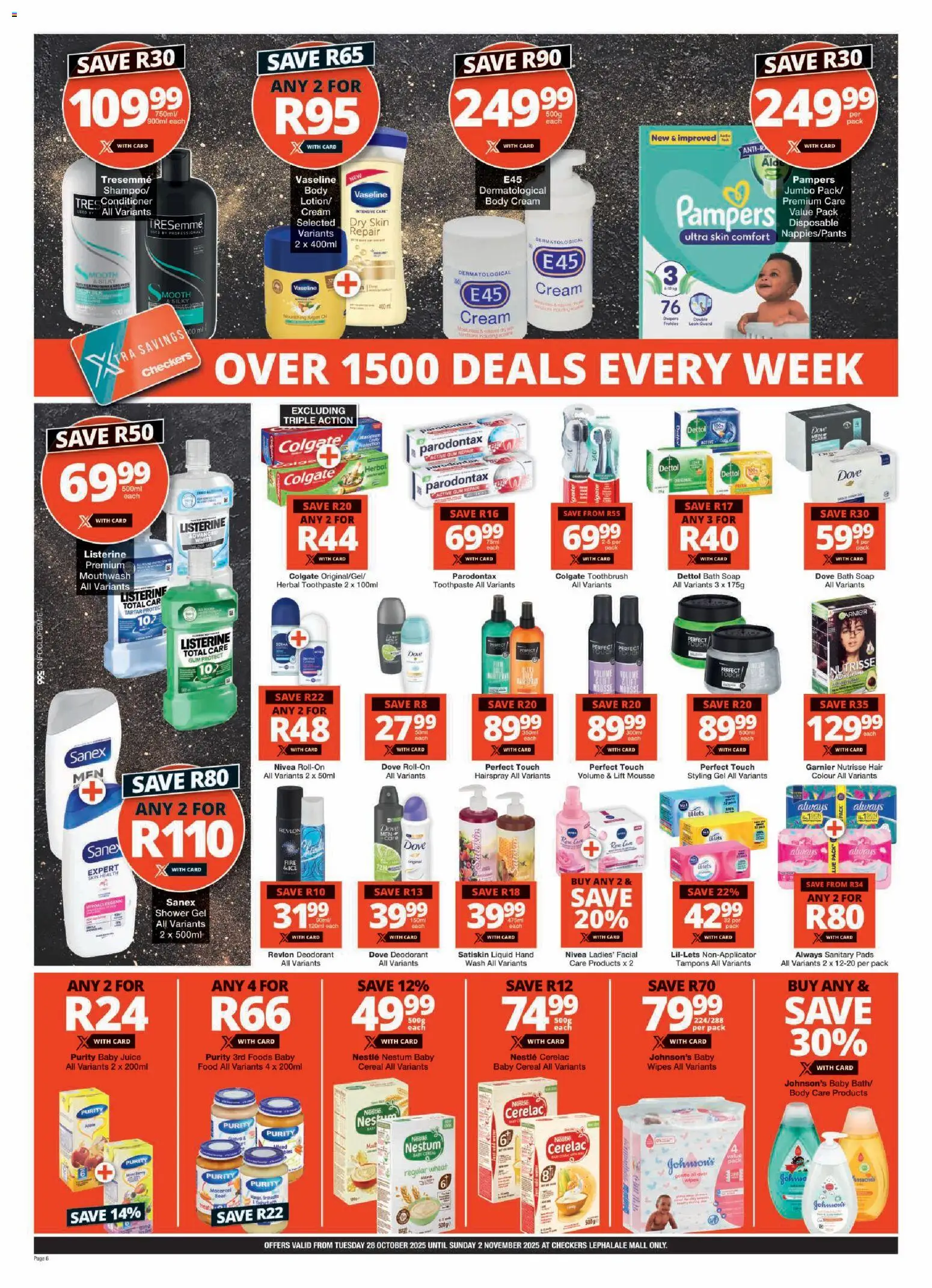 New Checkers catalogue – valid from 28.10.2025 | Page: 6 | Products: Bath, Pads, Mouthwash, Toothbrush