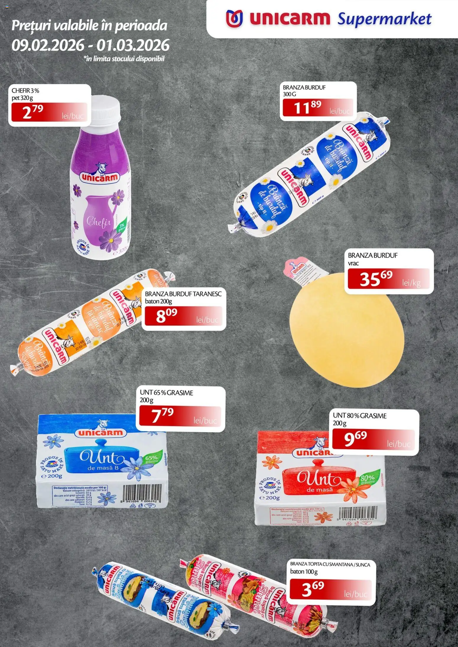 Noul catalog Unicarm – valabil de la 09.02.2026 | Pagină: 3 | Produse: Masaüstü kılıfı, Masă, Unt, Brânză