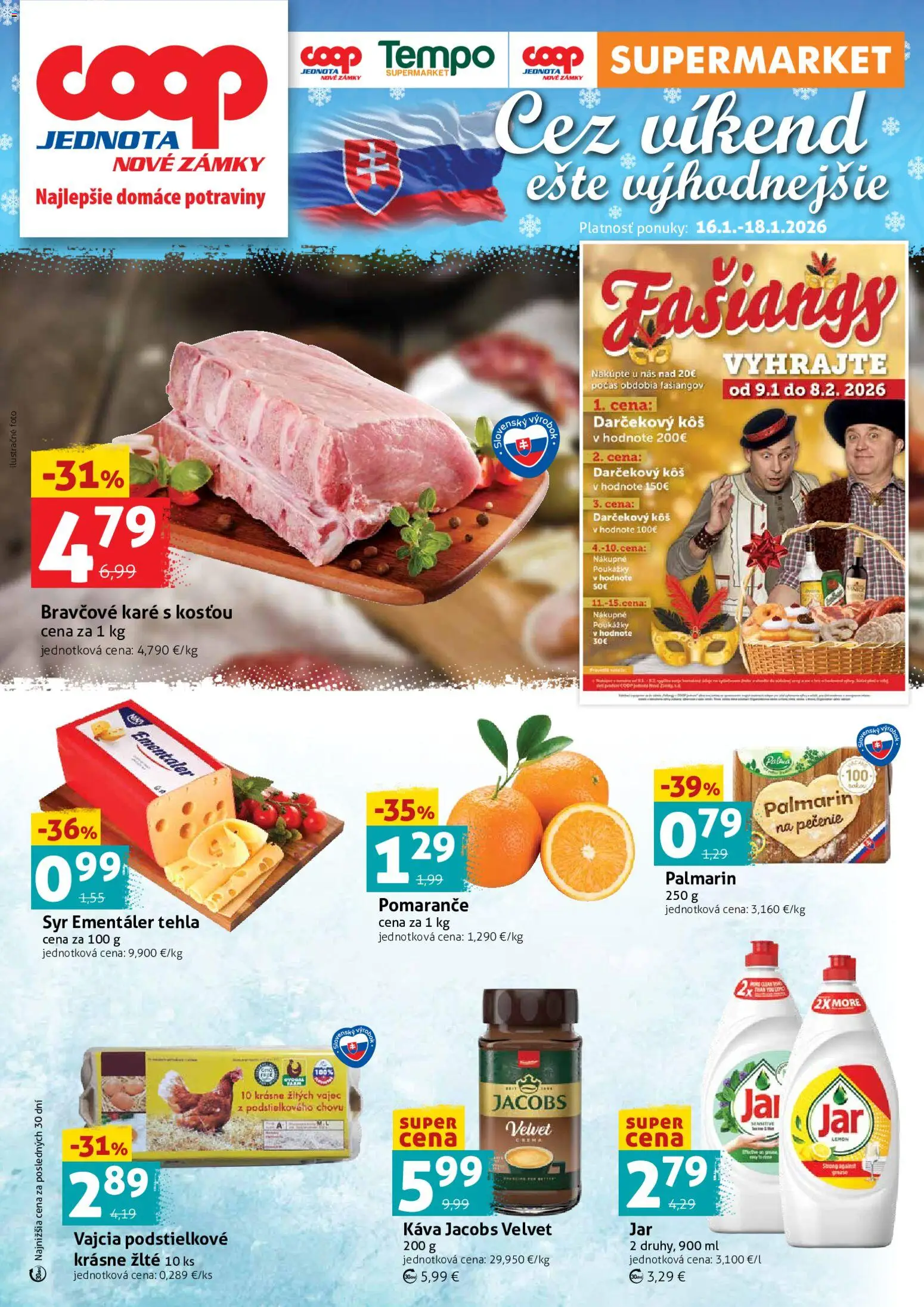 Nové COOP Jednota akcie – leták je platný od 16.01.2026 | Strana: 1 | Produkty: Jacobs Velvet, Káva, Kôš, Bravčové karé