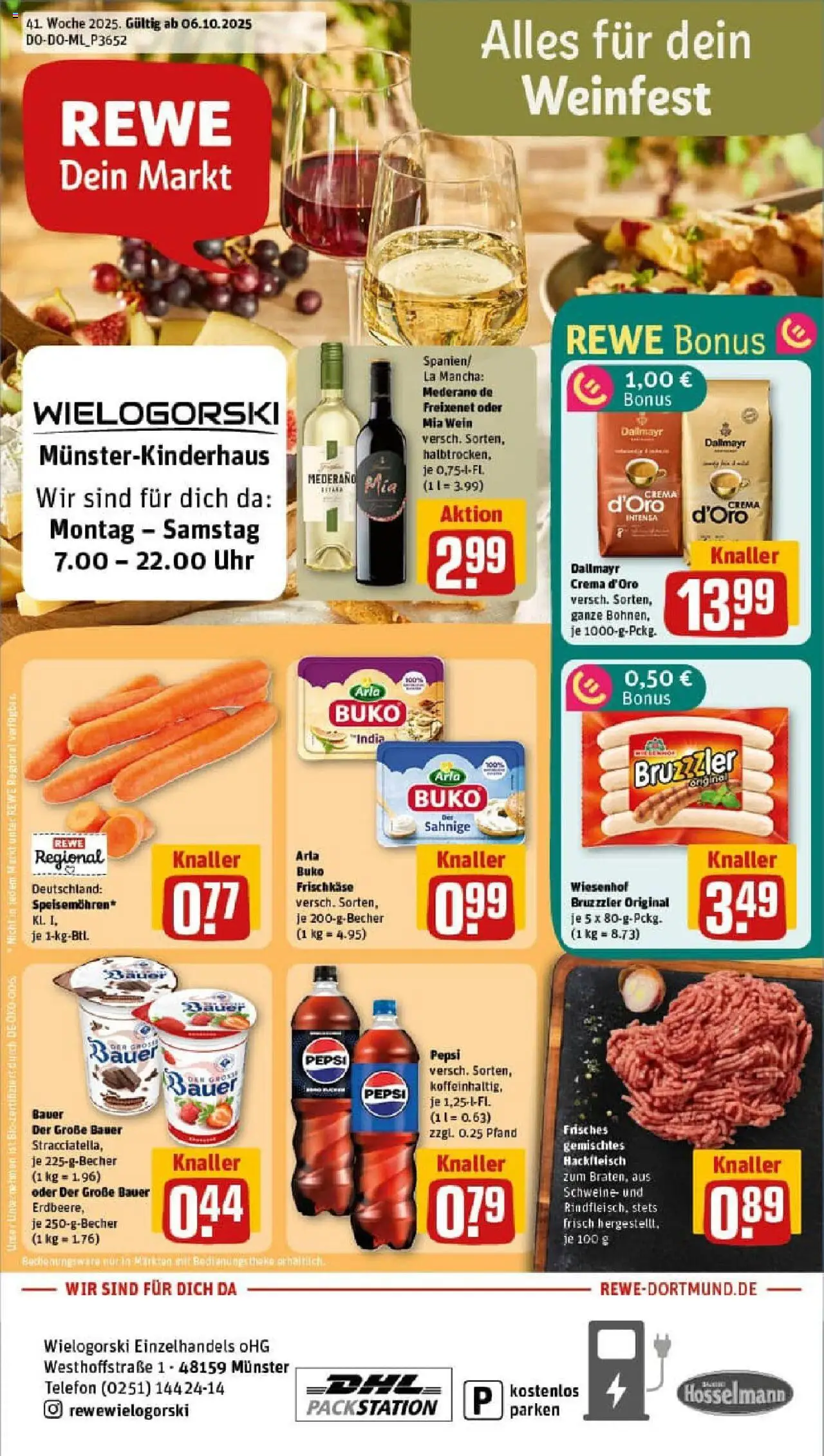 Rewe prospekt Münster	 – gültig ab 06.10.2025 | Seite: 1 | Produkte: Pepsi, Wein, Uhr, Frischkase