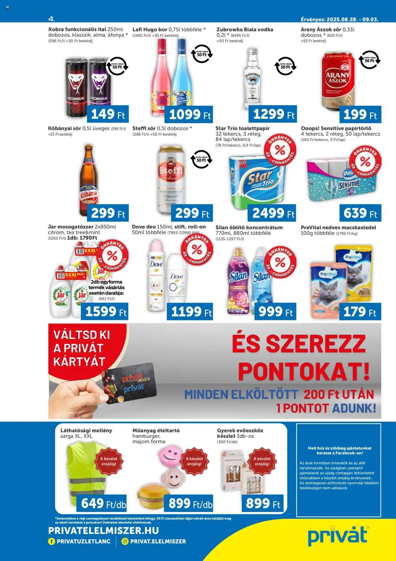 PRIVÁT akciós ujság - amely érvényes a következő dátumtól: 28.08.2025 | Oldal: 4 | Termékek: Hús, Macskaeledel, Zöldség, Mosogatószer