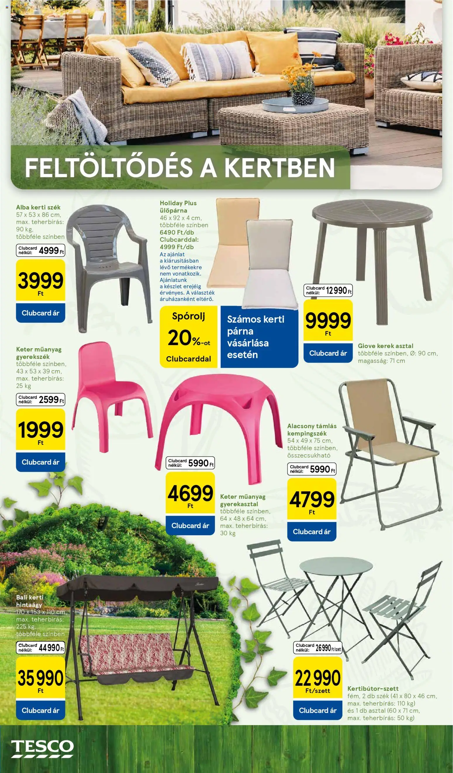 Tesco akciós ujság - amely érvényes a következő dátumtól: 08.04.2026 | Oldal: 2 | Termékek: Kerti szék, Asztal, Ülőpárna, Hintaágy