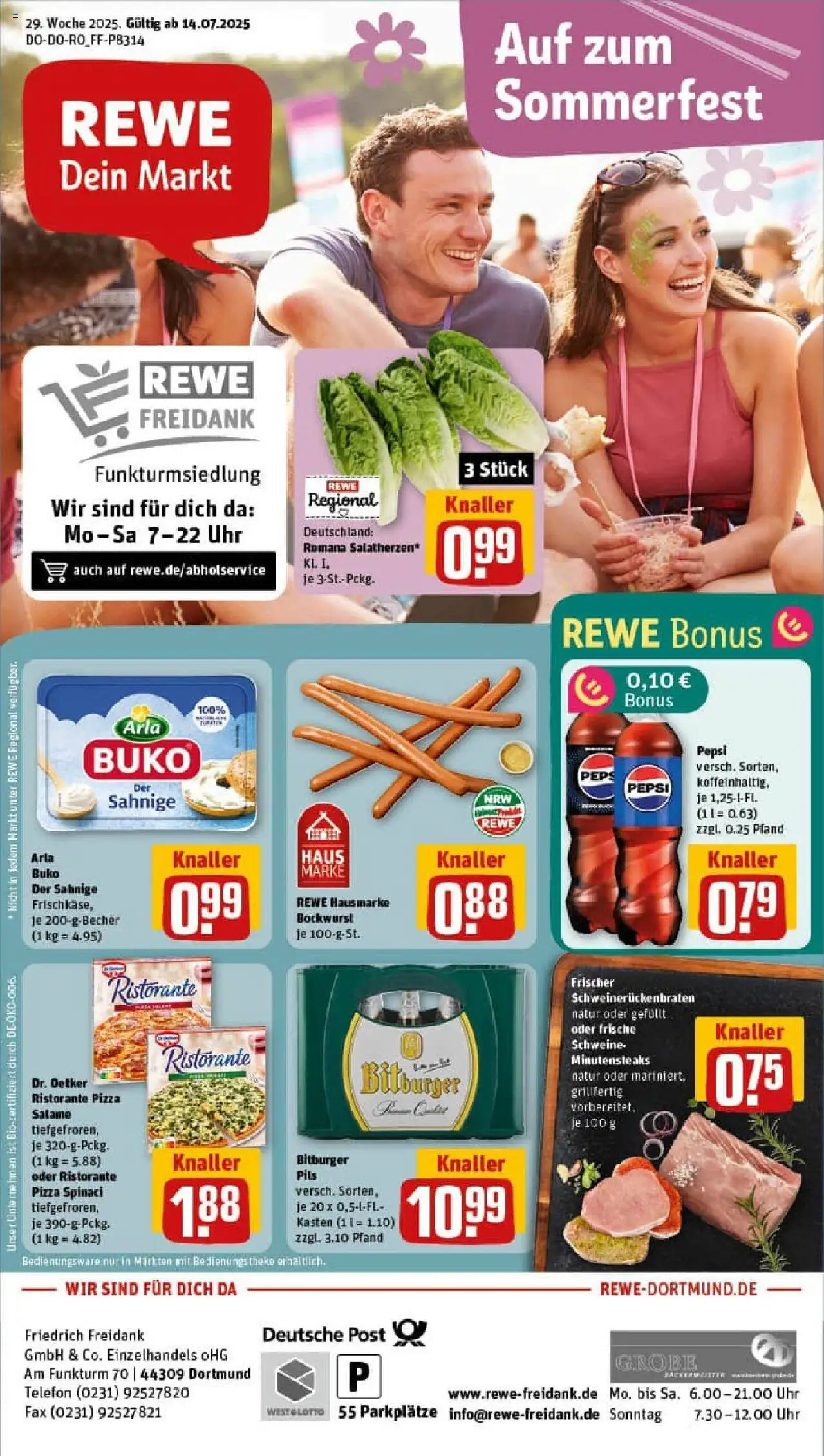 Rewe prospekt Dortmund	 - gültig ab dem 13.07.2025 | Seite: 1 | Produkte: Bockwurst, Arla buko, Pizza, Telefon