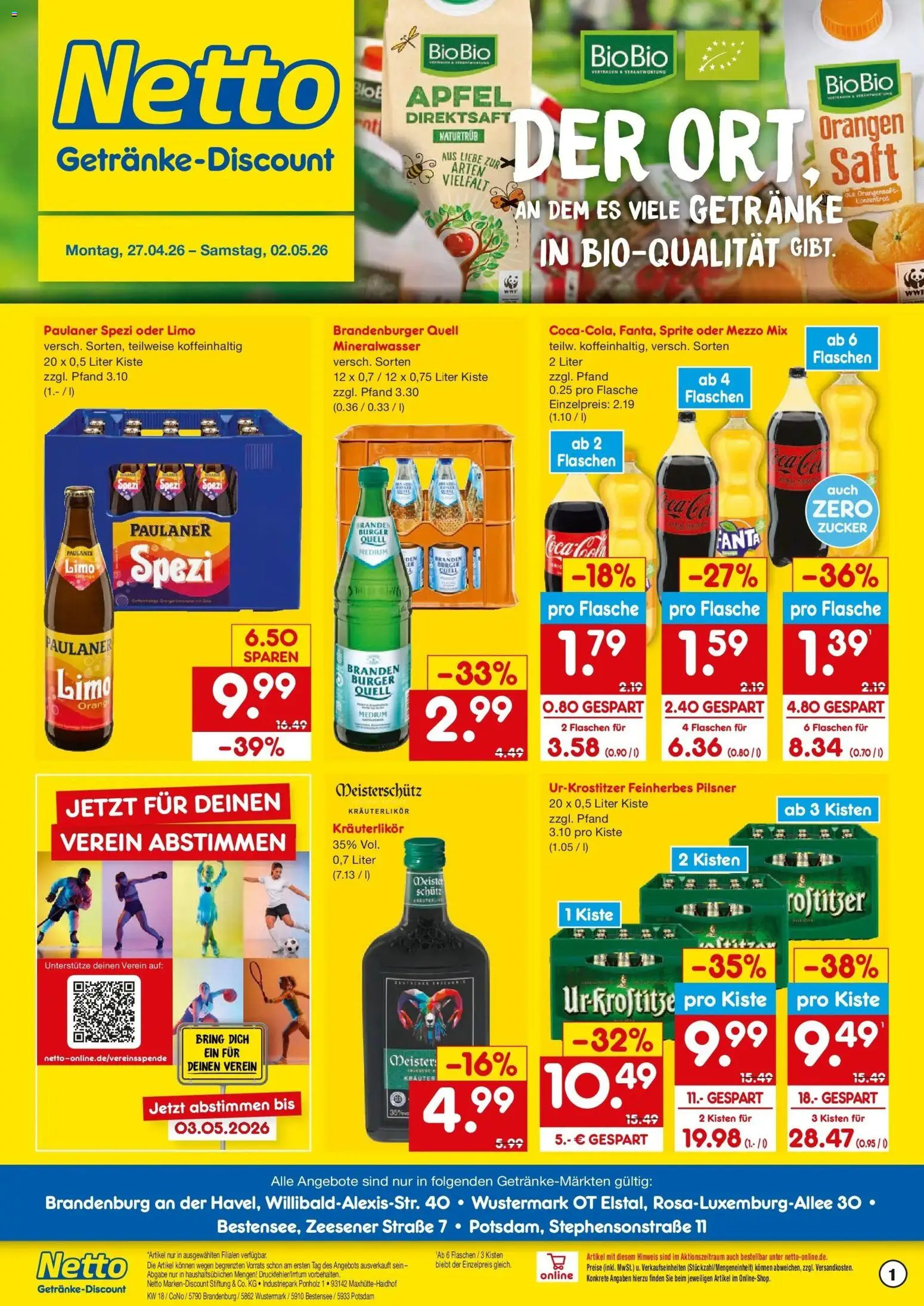 Netto Marken-Discount Prospekt Potsdam	 – gültig ab 27.04.2026 | Seite: 1 | Produkte: Orangensaft, Mineralwasser, Saft, Paulaner