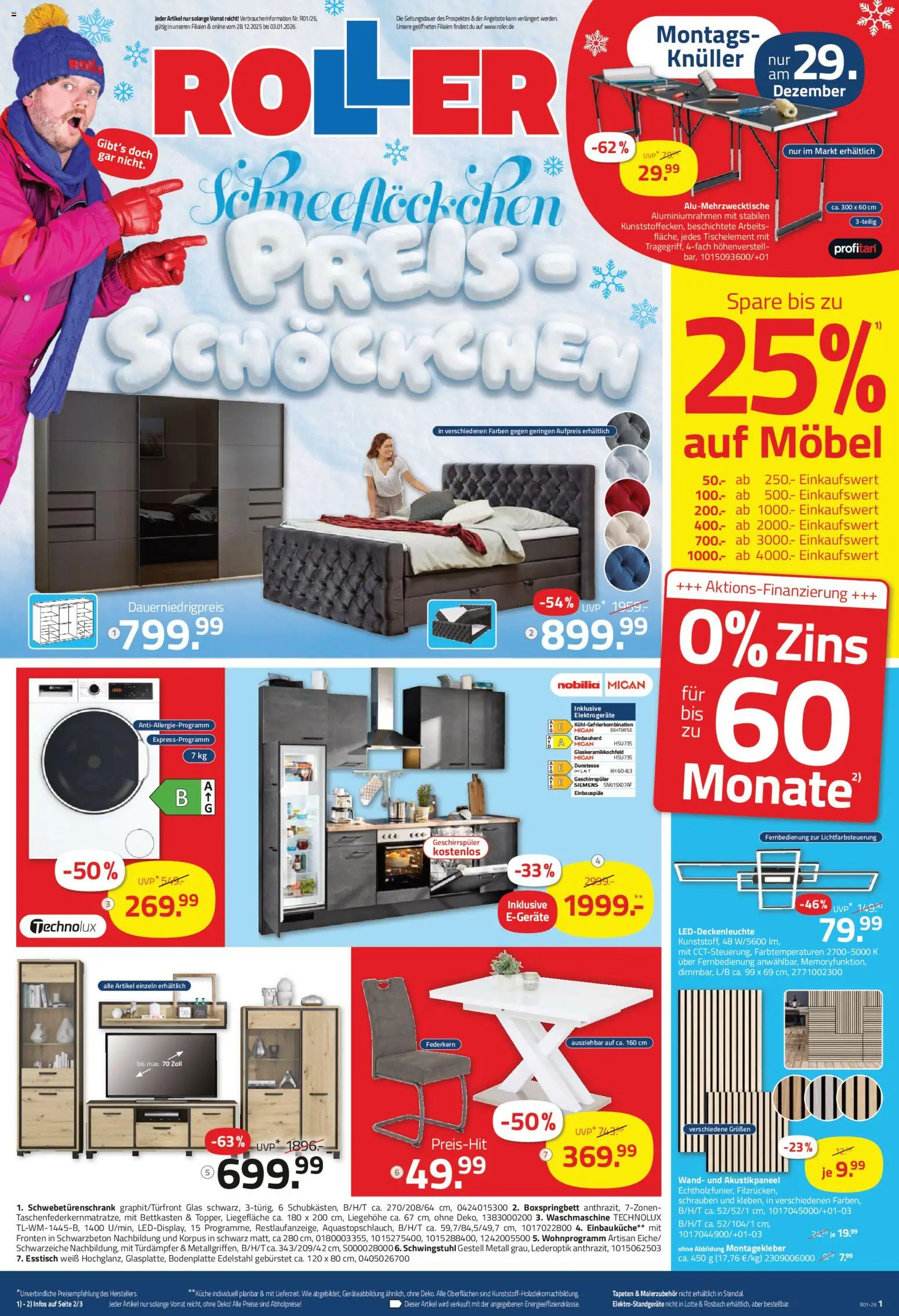 Roller Prospekt 	 – gültig ab 28.12.2025 | Seite: 1 | Produkte: Geschirrspüler, Einbauküche, Schwebetürenschrank, Boxspringbett