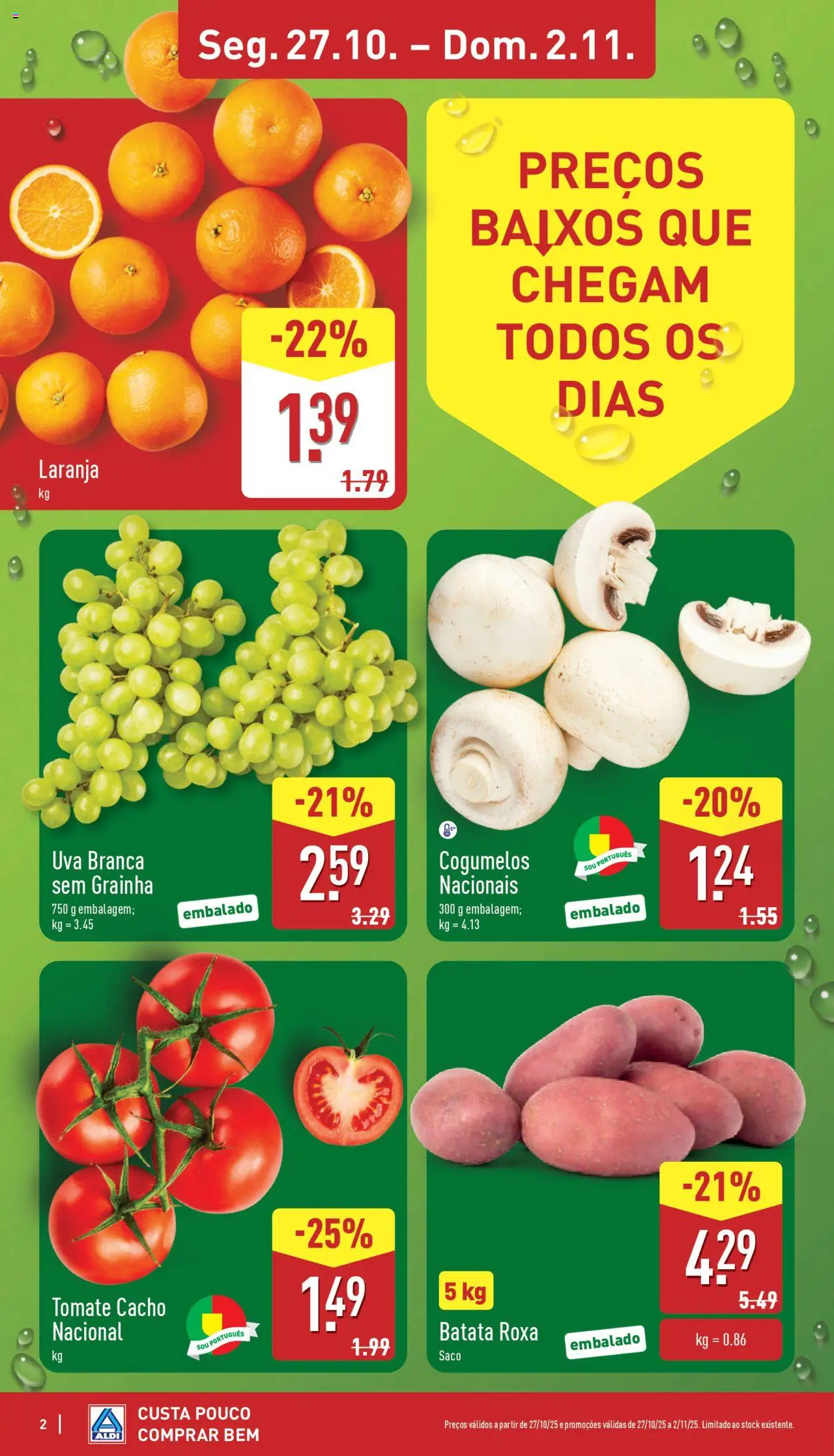 Aldi folheto │ válido de 27.10.2025 | Página: 2 | Produtos: Batata, Tomate, Cogumelos