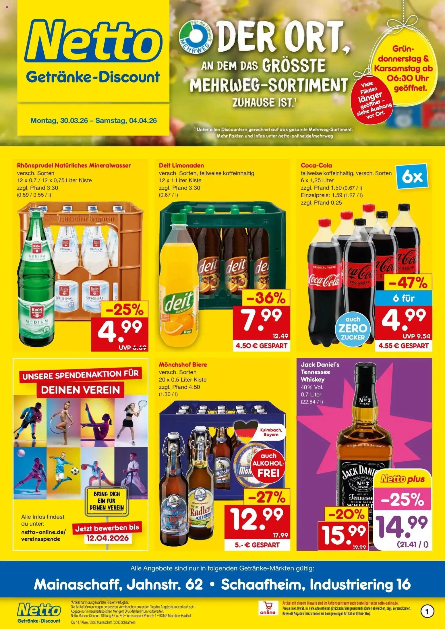 Netto Marken-Discount Prospekt Mainaschaff	 – gültig ab 30.03.2026 | Seite: 1 | Produkte: Monchshof, Cola, Rhonsprudel, Whiskey