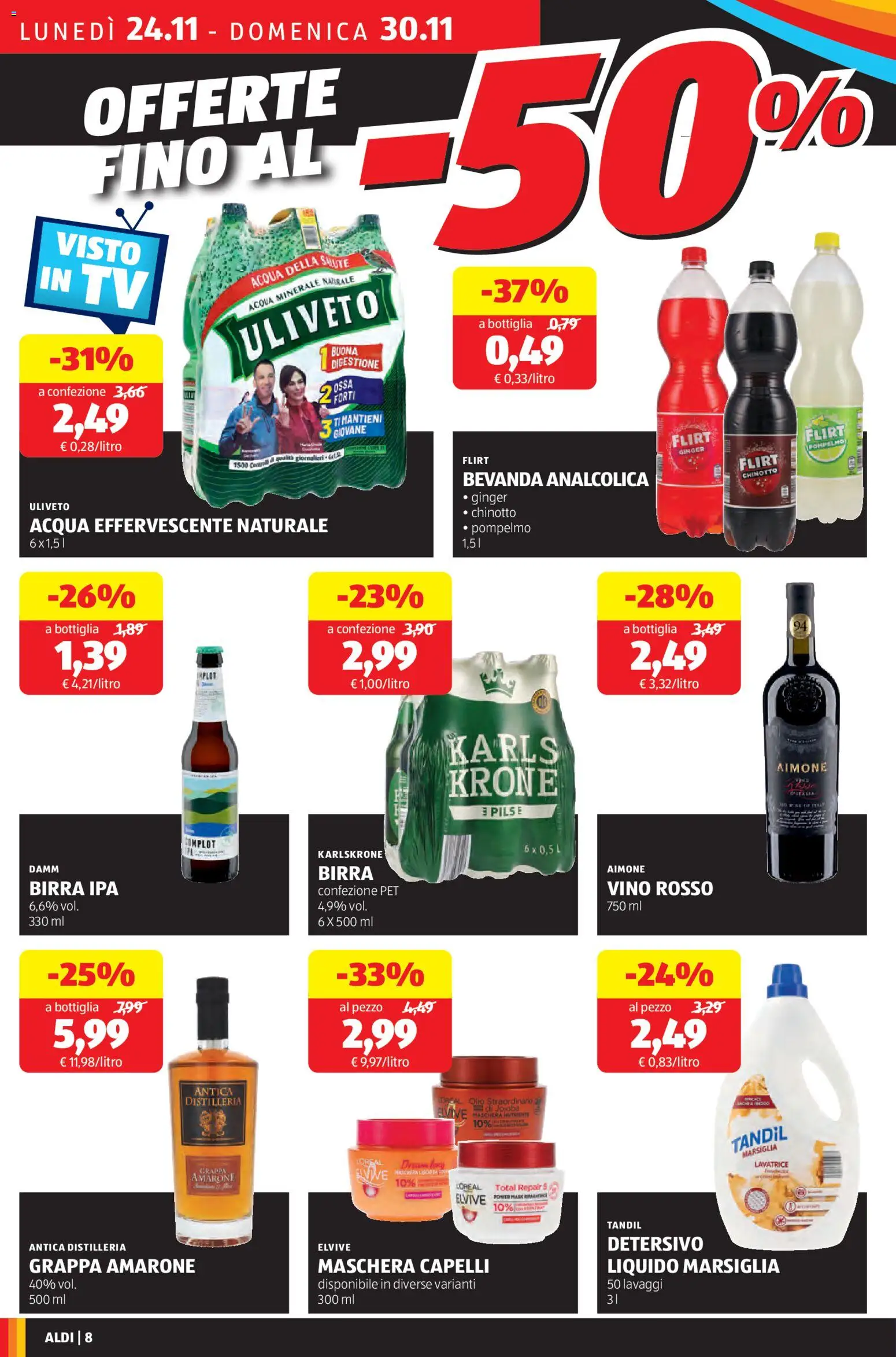 Volantino Aldi del 24.11.2025 | Pagina: 8 | Prodotti: Birra, Acqua, Bottiglia, Grappa