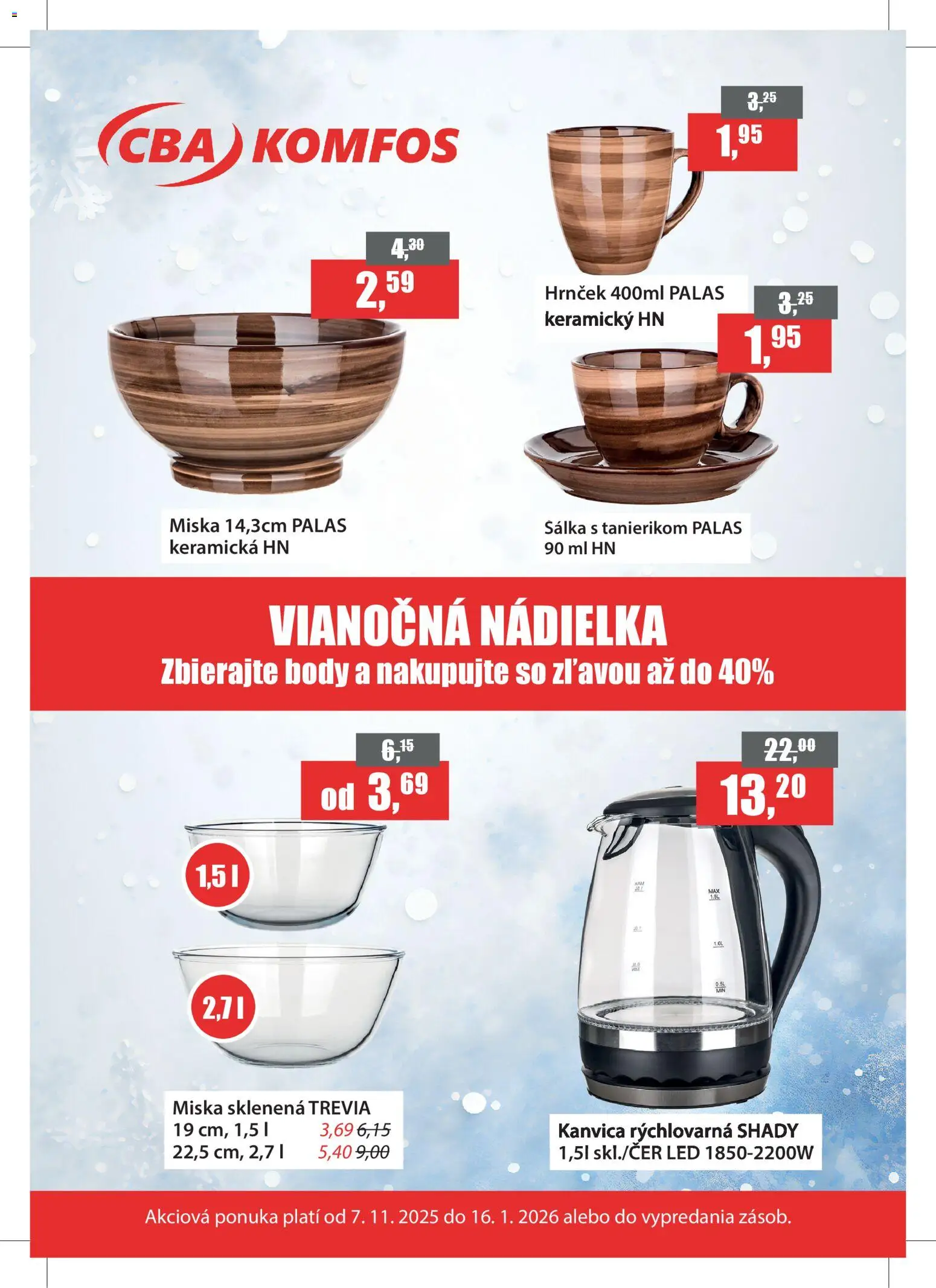 Nové CBA Komfos akcie – leták je platný od 07.11.2025 | Strana: 2 | Produkty: Kanvica, Led