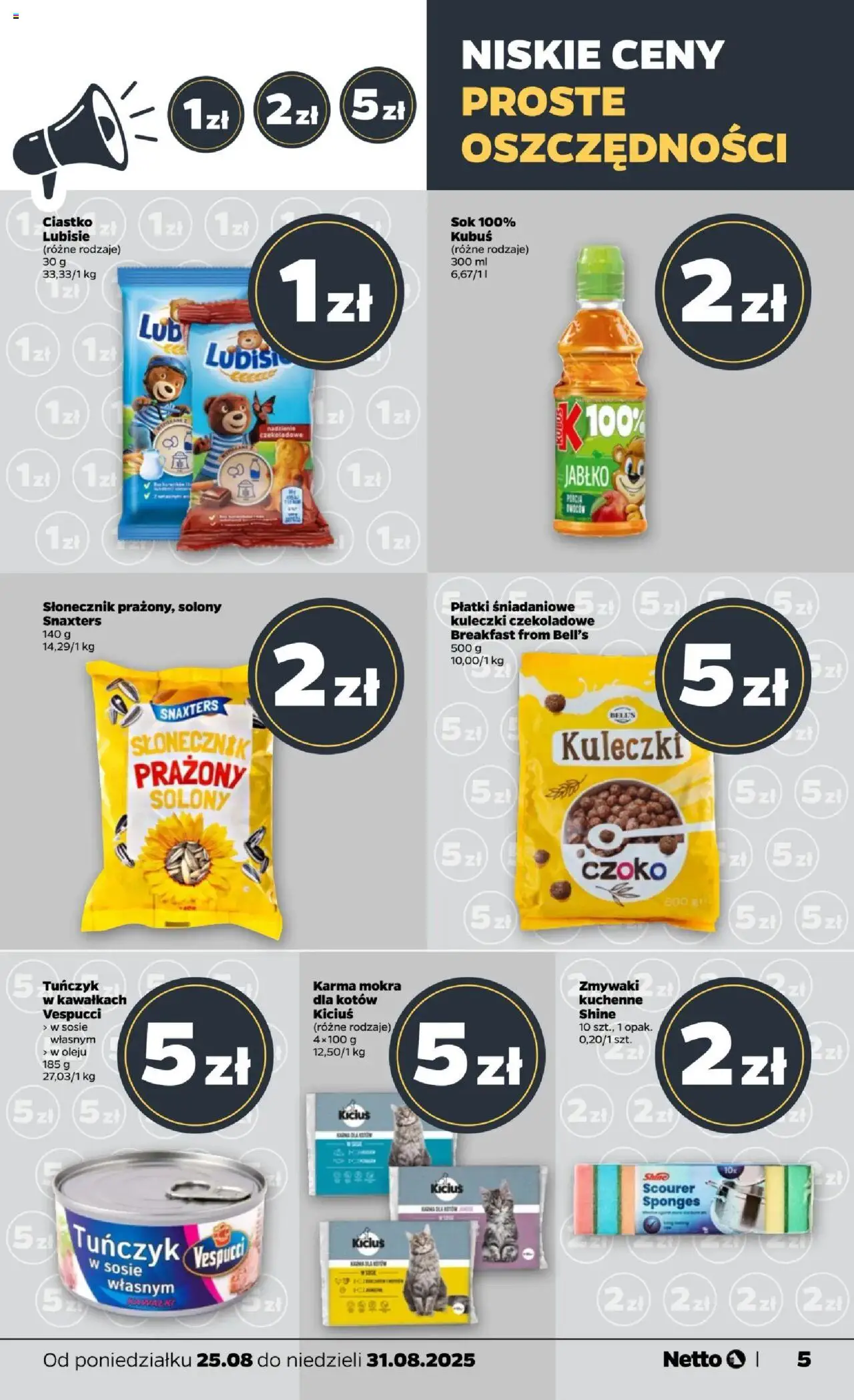 Netto gazetka - Spożywcza od 25.08.2025 | Strona: 5 | Produkty: Płatki śniadaniowe, Tuńczyk, Słonecznik, Sok