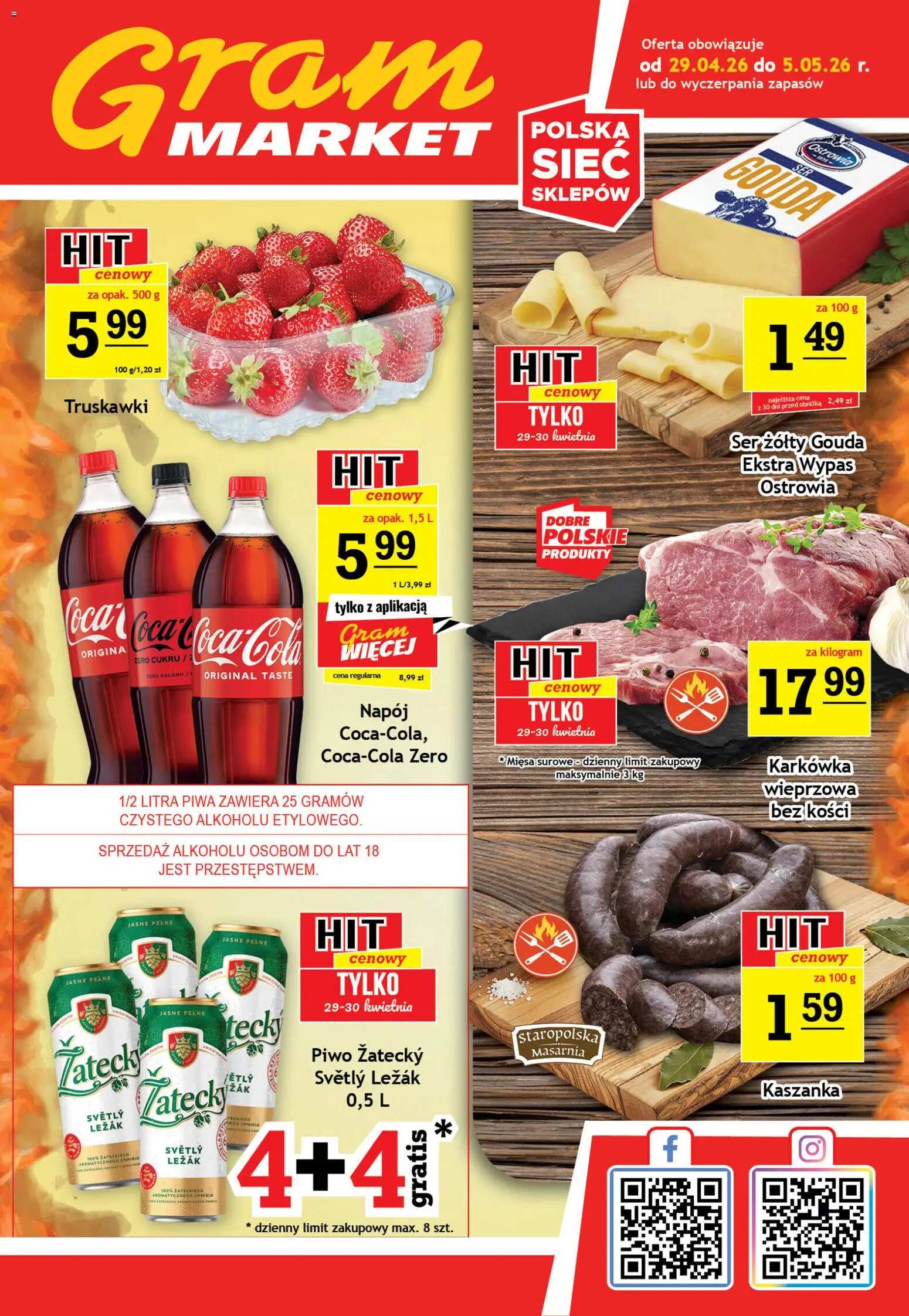 Gram Market gazetka od 29.04.2026 | Strona: 1 | Produkty: Kaszanka, Leżak, Piwo, Truskawki