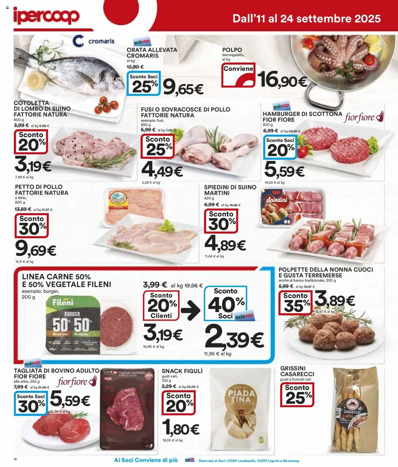Volantino Ipercoop del 11.09.2025 | Pagina: 16 | Prodotti: Petto di Pollo, Pollo, Orata, Suino