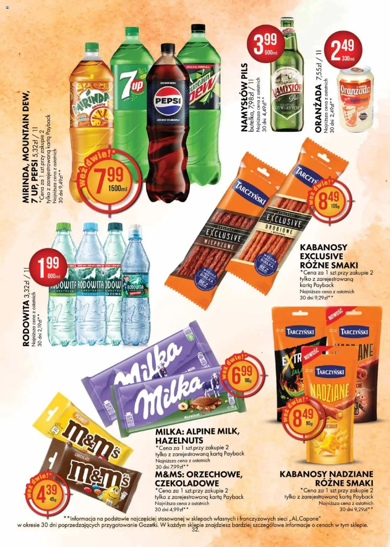 Al.Capone Gazetka od 11.08.2025 | Strona: 32 | Produkty: M&M's, Pepsi, Kabanosy, Milka