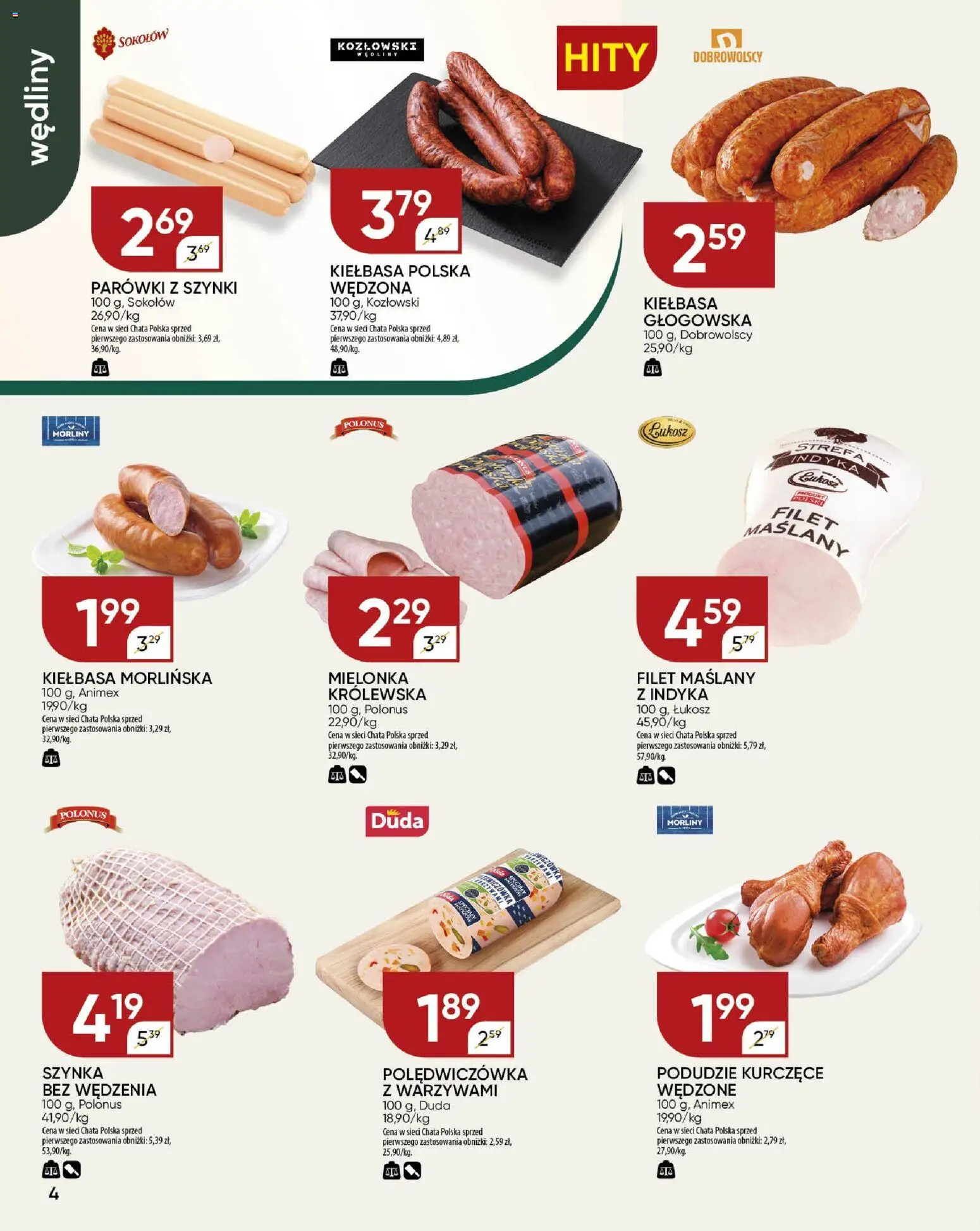 Chata Polska Gazetka od 29.01.2026 | Strona: 4 | Produkty: Kiełbasa, Parówki z szynki, Parówki, Wędliny