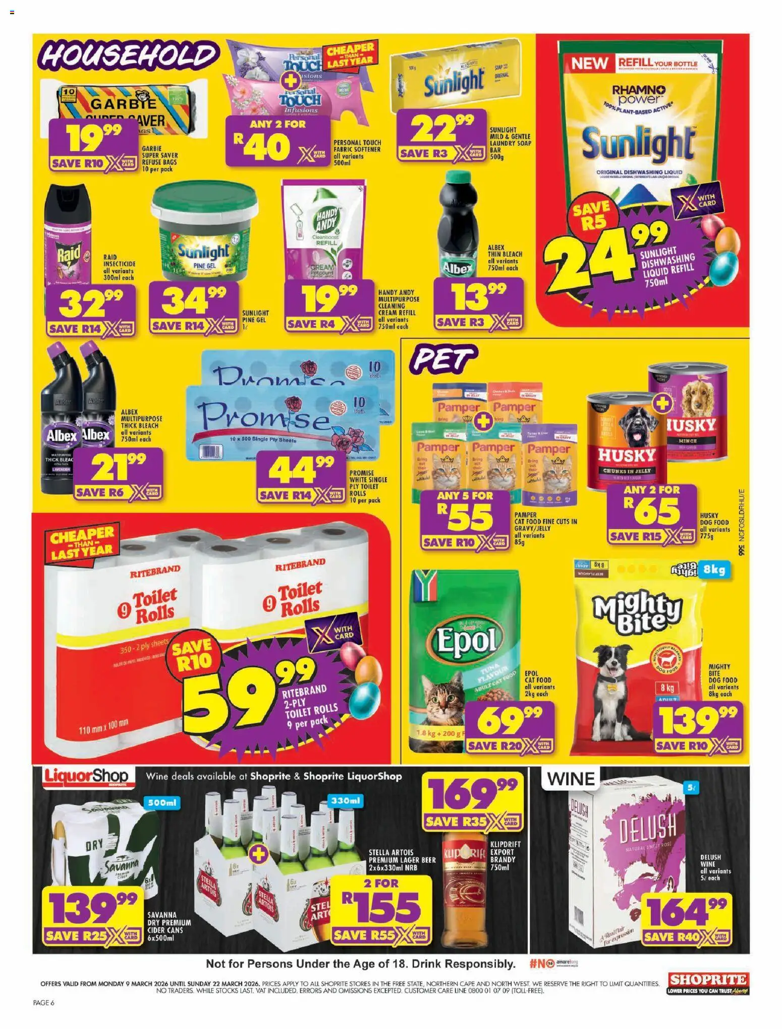 New Shoprite catalogue – valid from 09.03.2026 | Page: 6 | Products: Brandy, Refuse bags, Fabric softener, Cat food