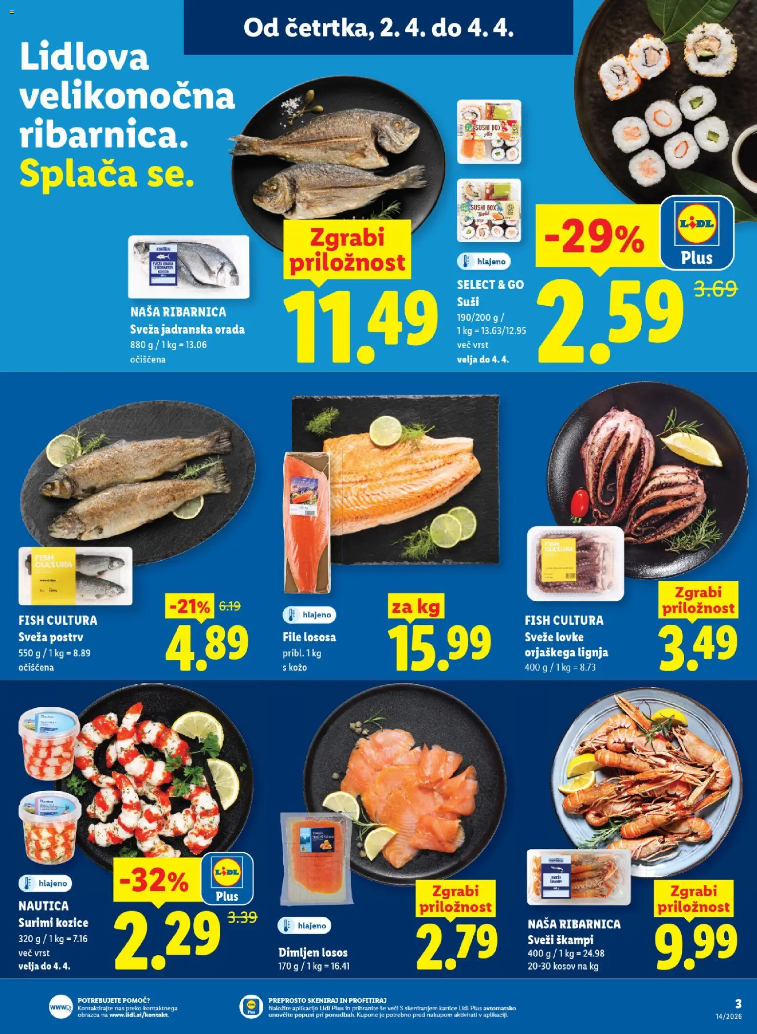 Novi Lidl katalog ponudbe – veljaven od 02.04.2026 | Stran: 3 | Izdelki: Kozice, Postrv, Losos, Suši