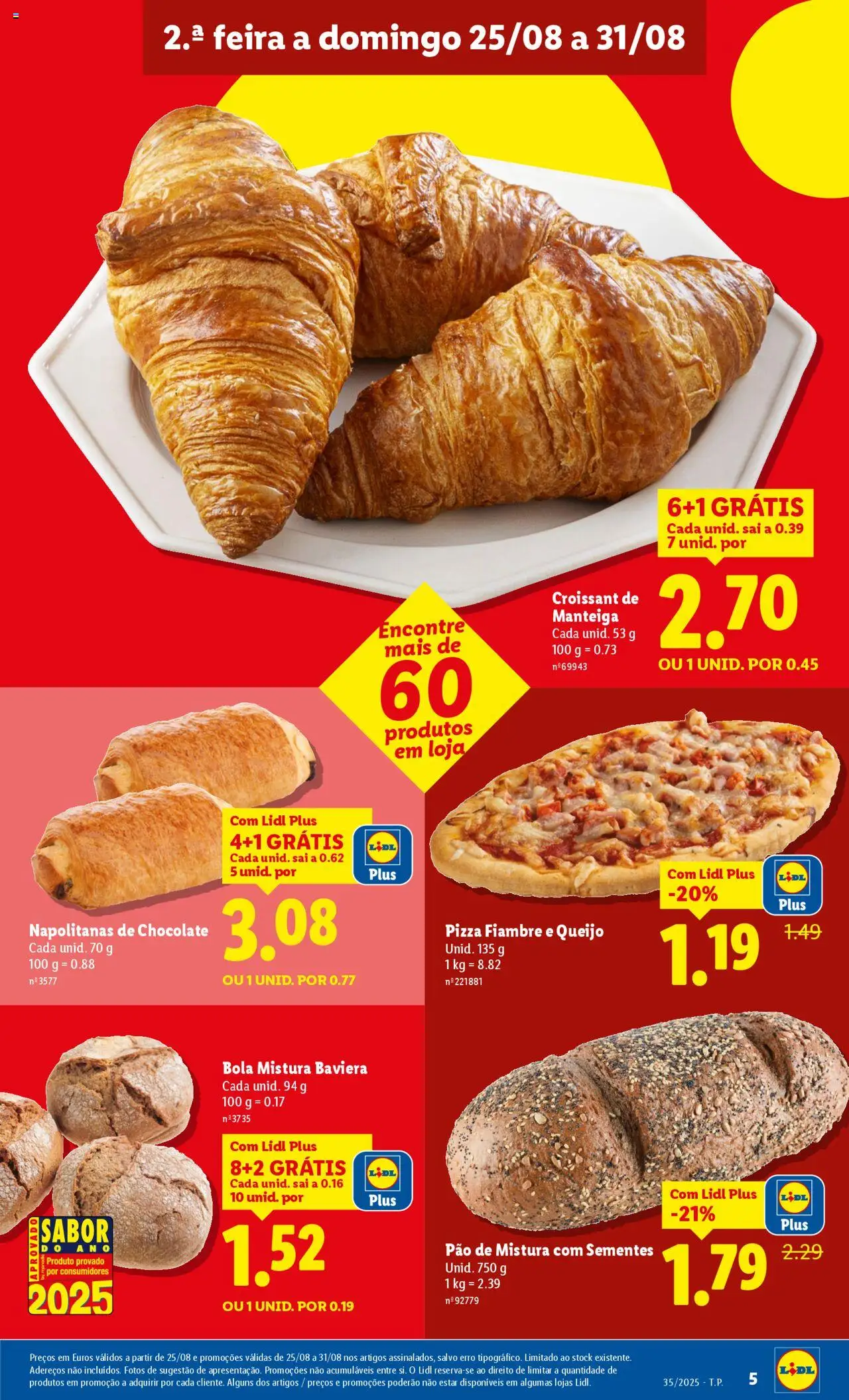 Lidl folheto │ válido de 25.08.2025 | Página: 5 | Produtos: Manteiga, Pão, Chocolate, Pizza
