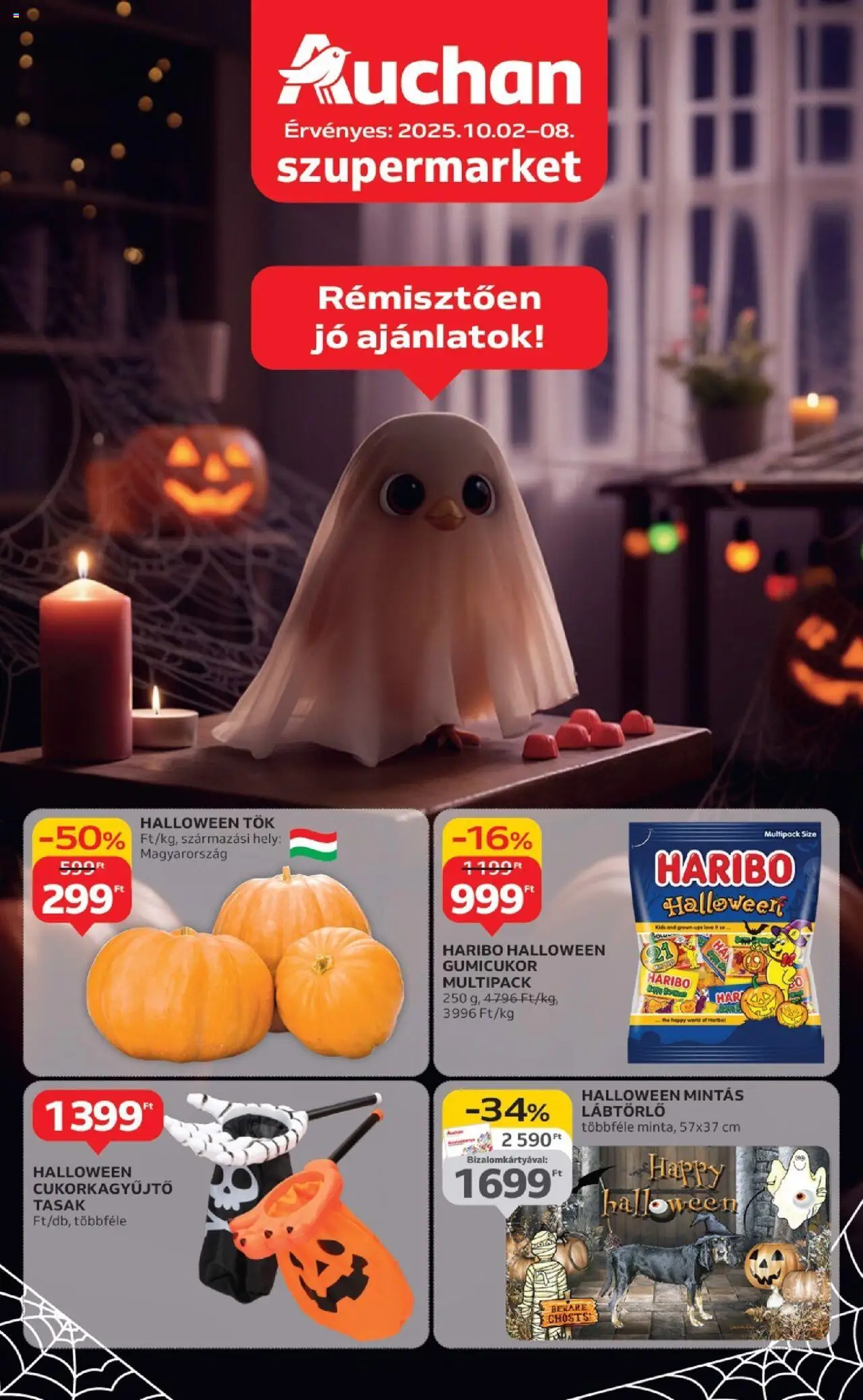 Auchan akciós ujság - amely érvényes a következő dátumtól: 02.10.2025 | Oldal: 1 | Termékek: Tök, Gumicukor, Halloween tök, Lábtörlő