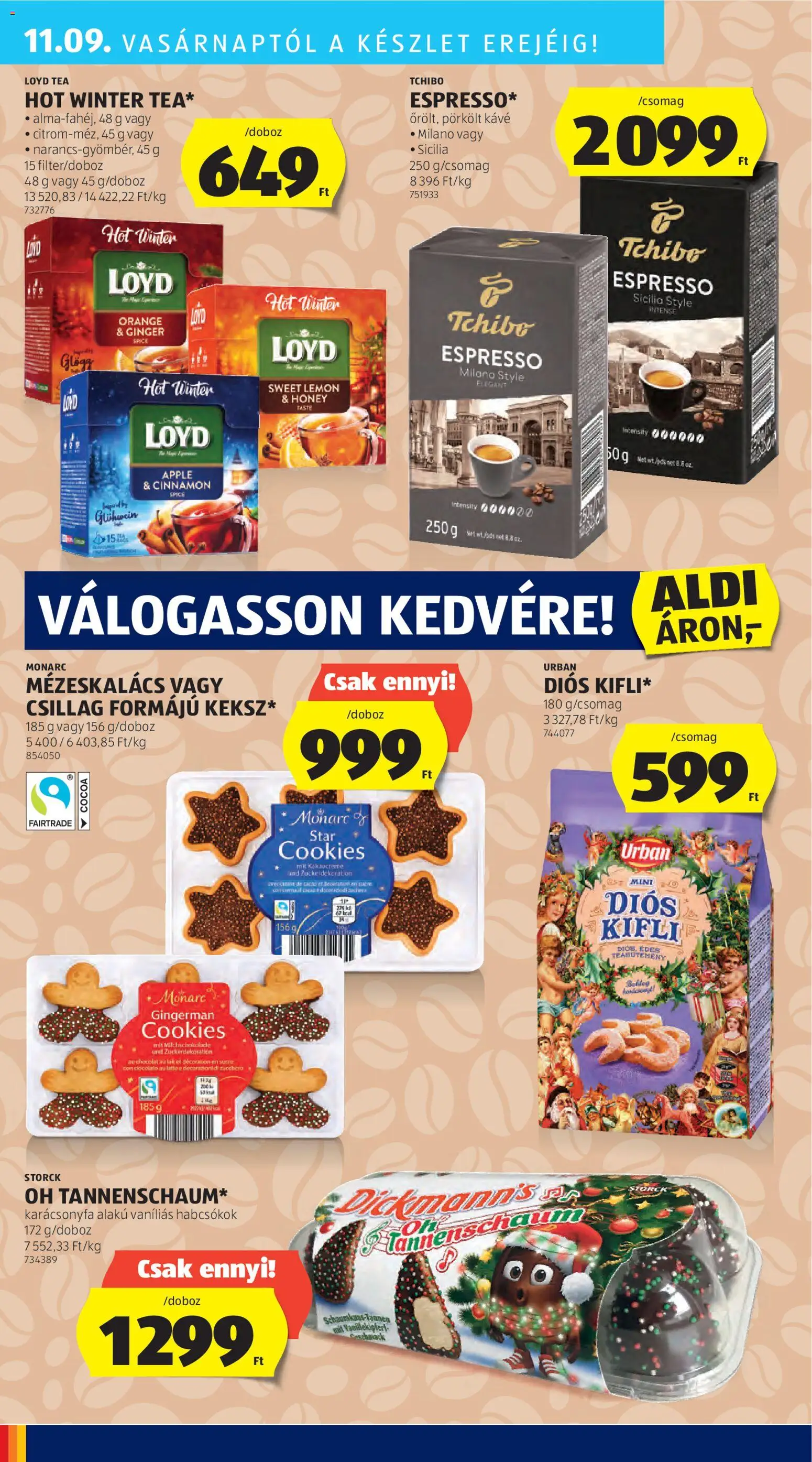 Aldi akciós ujság - amely érvényes a következő dátumtól: 06.11.2025 | Oldal: 40 | Termékek: Kifli, Karácsonyfa, Mézeskalács, Tea