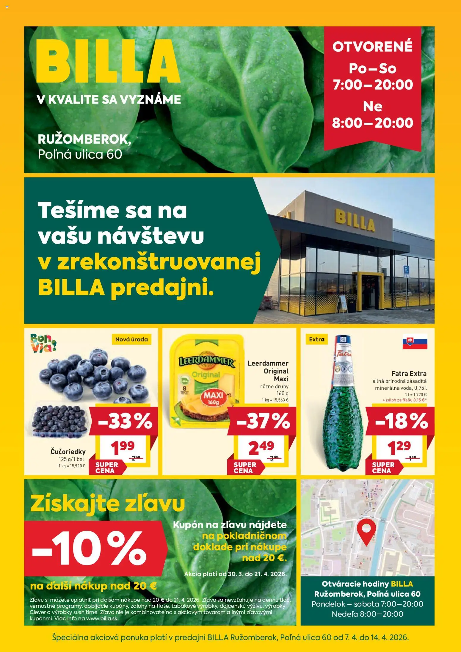Nové Billa akcie – leták je platný od 07.04.2026 | Strana: 1 | Produkty: Hodiny, Čučoriedky, Fatra