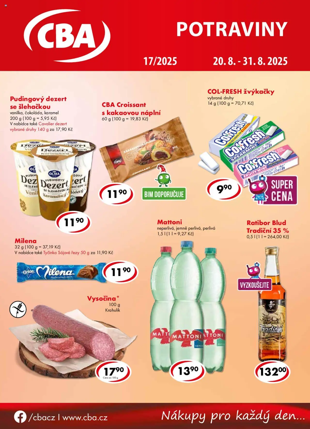 CBA leták od 20.08.2025 | Strana: 1 | Produkty: Mattoni, Croissant, Vysočina, Potraviny