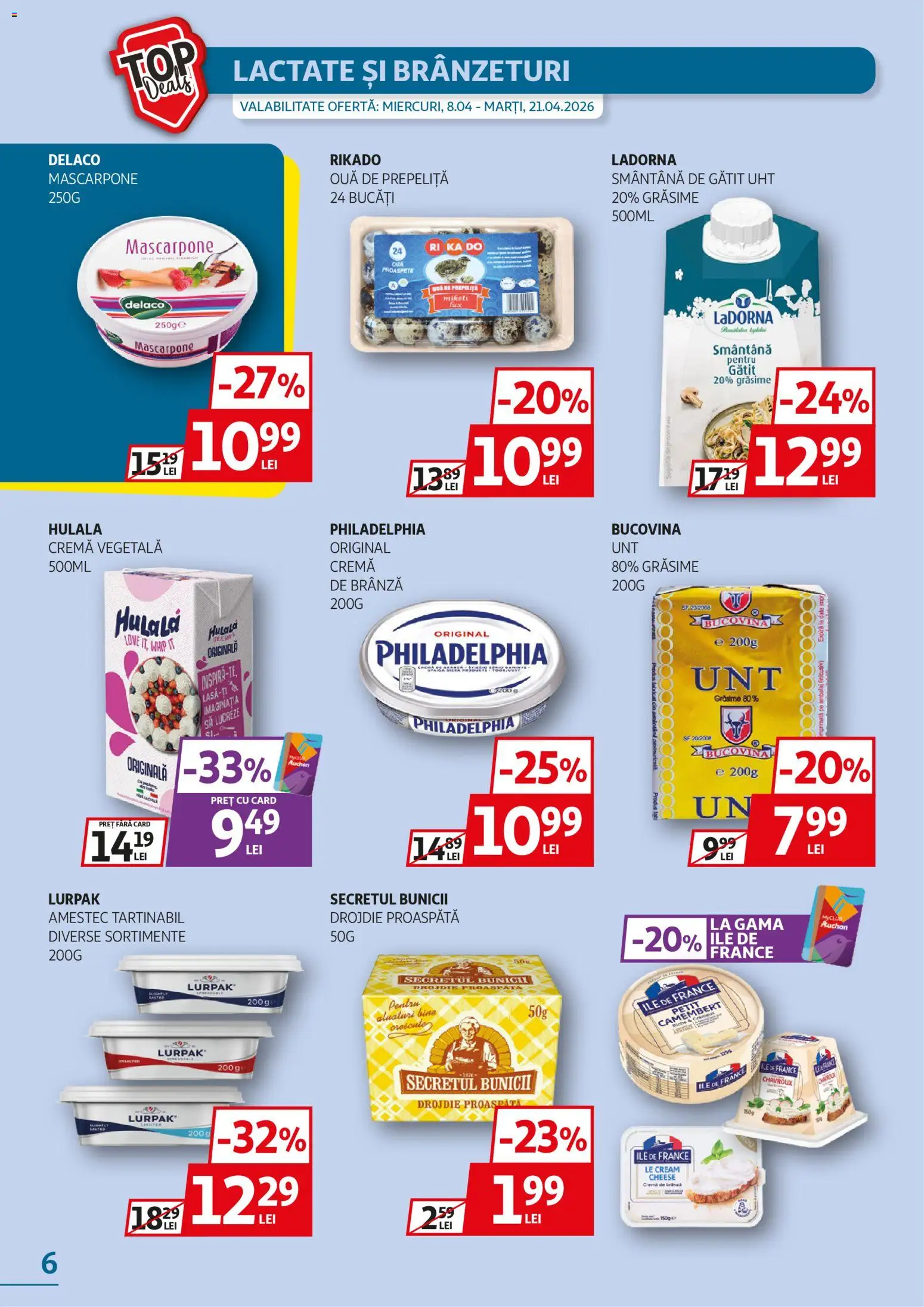 Noul catalog Auchan – valabil de la 08.04.2026 | Pagină: 6 | Produse: Light Kedi Konservesi, Brânză, Mascarpone, Smântână
