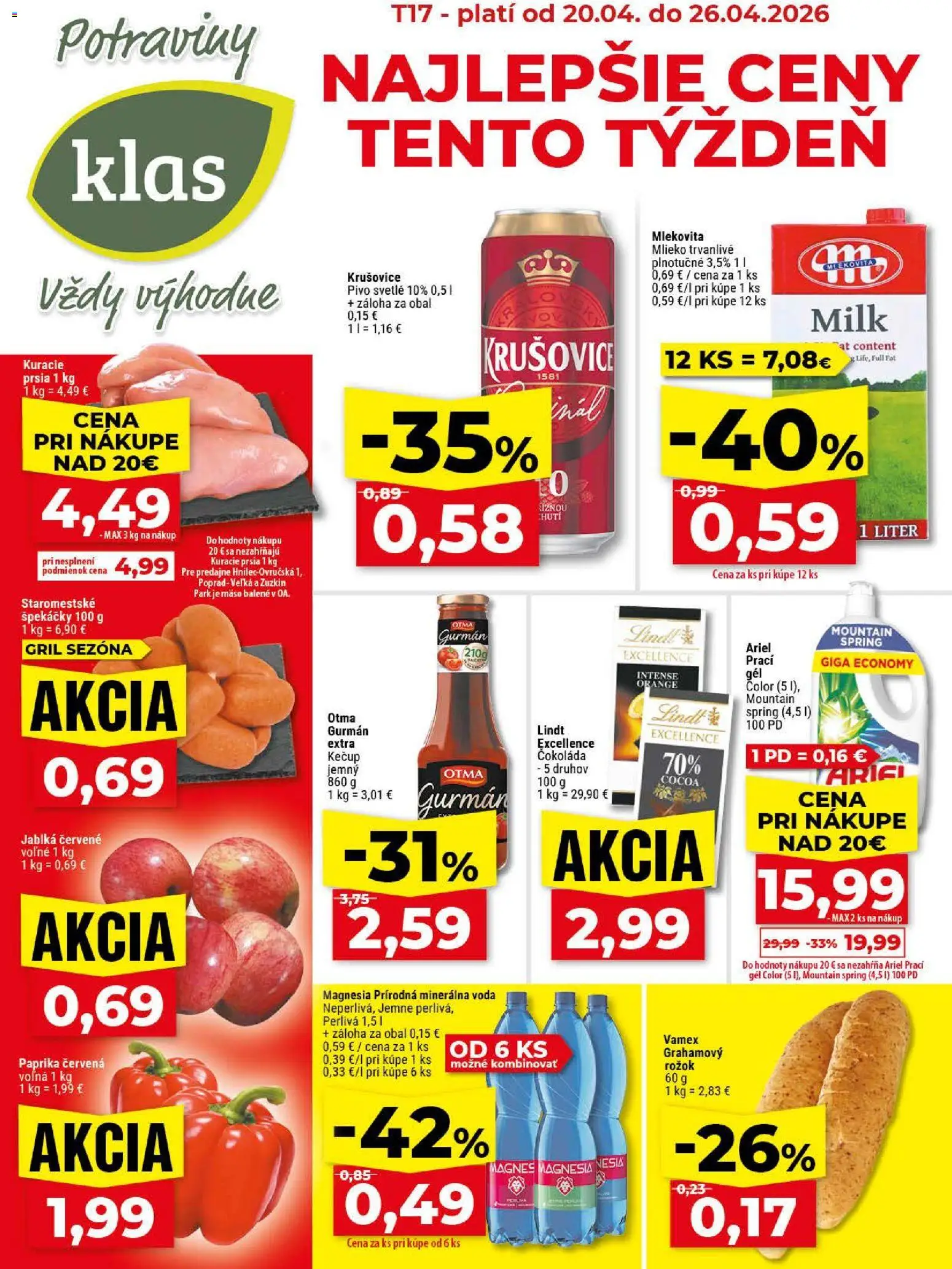 Nové Klas akcie – leták je platný od 20.04.2026 | Strana: 1 | Produkty: Gril, Pivo, Jablká, Rožok