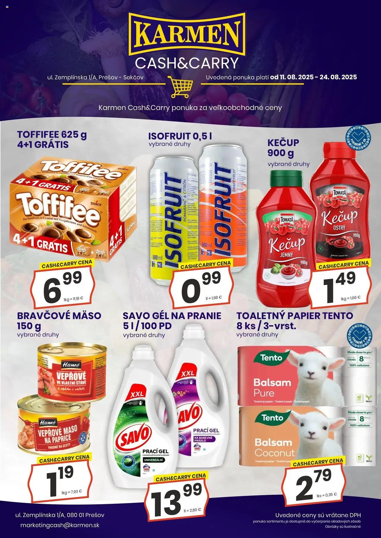 KARMEN CBA leták │ platný od 11.08.2025 | Strana: 1 | Produkty: Toaletný papier, Bravčové mäso, Kečup, Grapefruit