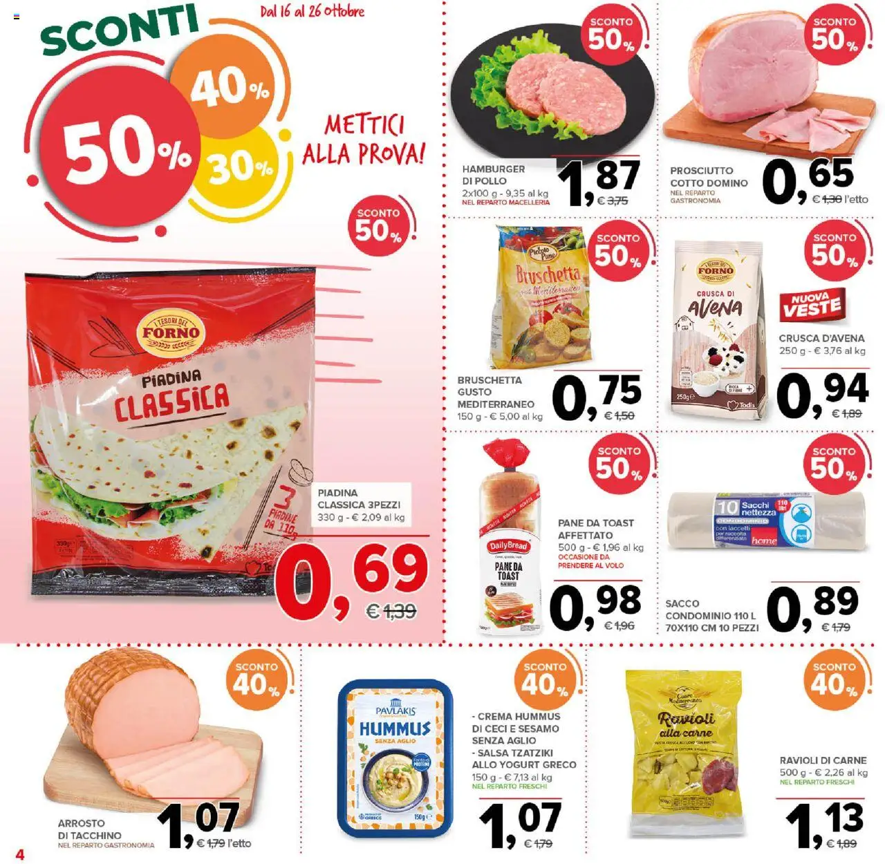 Volantino Todis del 16.10.2025 | Pagina: 4 | Prodotti: Yogurt, Salsa, Ravioli, Hamburger