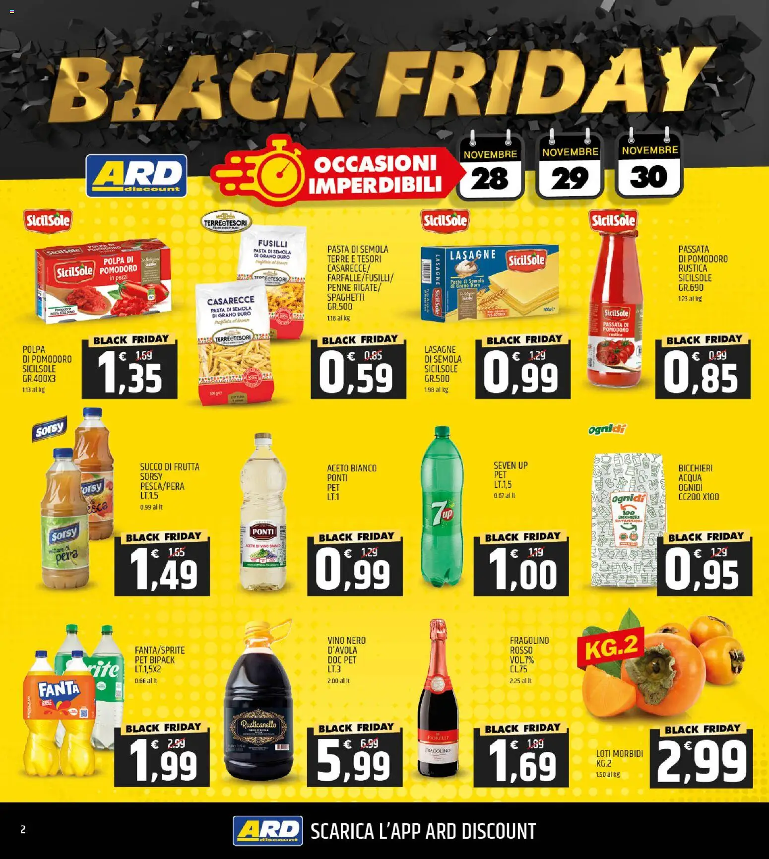 Volantino ARD Discount del 24.11.2025 | Pagina: 2 | Prodotti: Succo, Vino, Passata di pomodoro, Penne