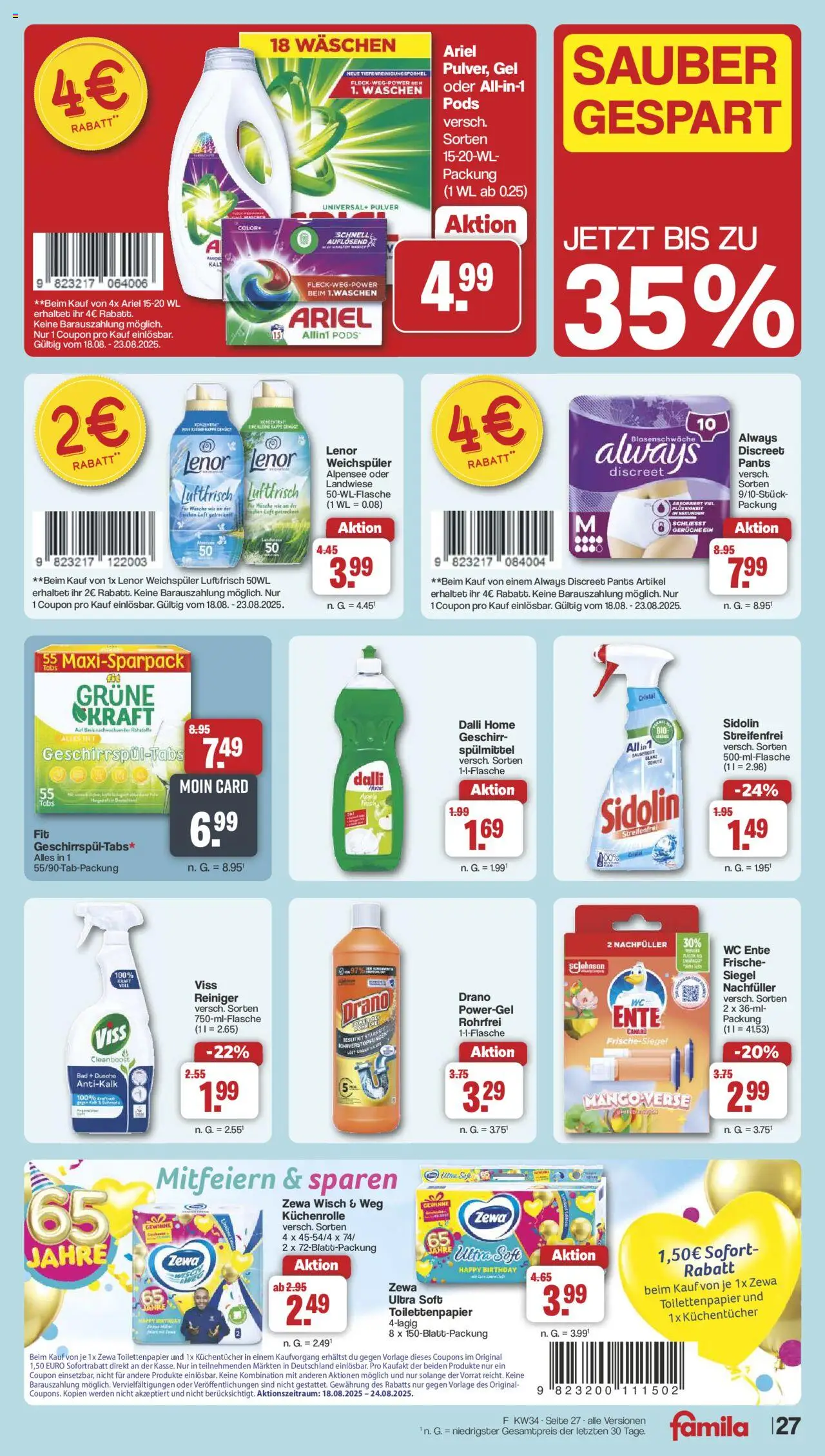 Famila Nordwest Prospekt 	 - gültig ab dem 18.08.2025 | Seite: 32 | Produkte: Bad, Zewa, Weichspüler, Küchenrolle