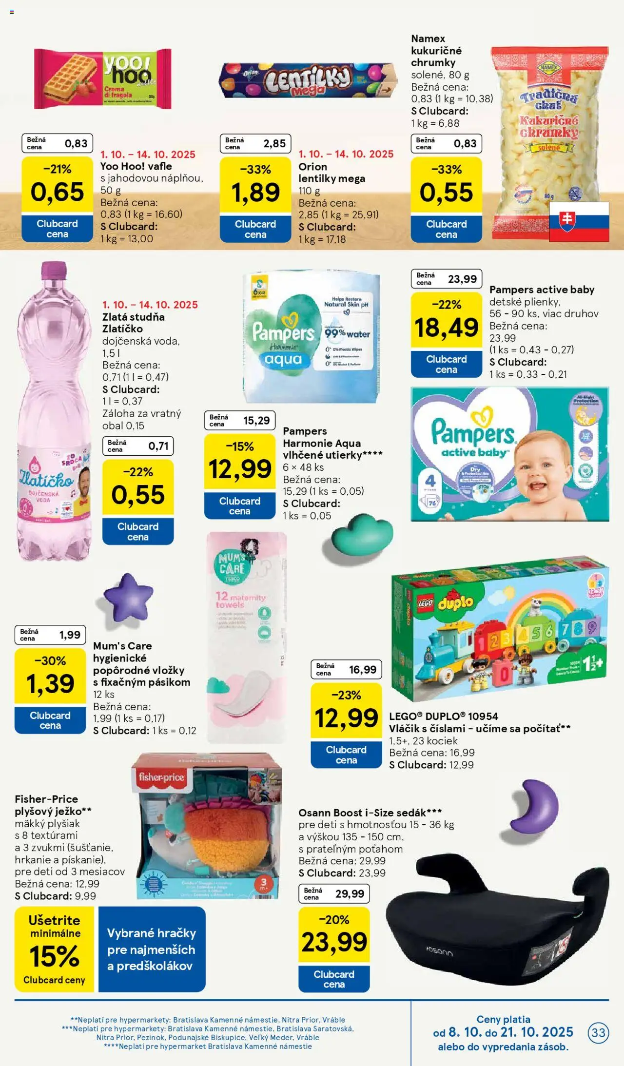 Nové Tesco akcie – leták je platný od 08.10.2025 | Strana: 33 | Produkty: LEGO, Voda, Hračky, Pampers