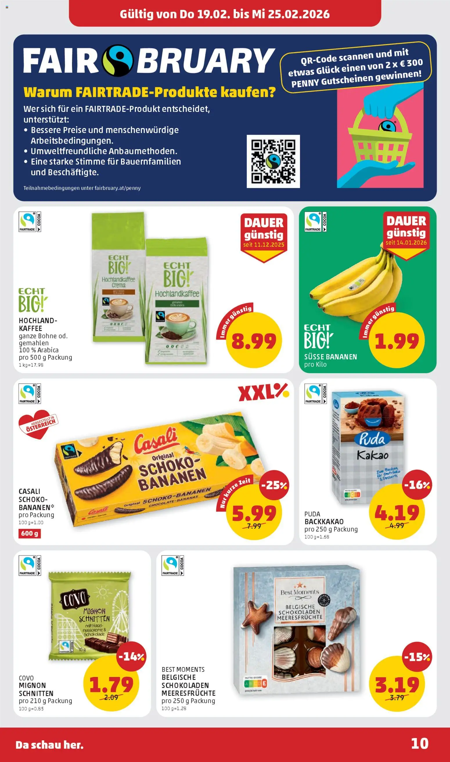 Penny Markt Flugblatt gültig ab 19.02.2026 | Seite: 10 | Produkte: Meeresfrüchte, Kaffee, Schokolade, Bananen
