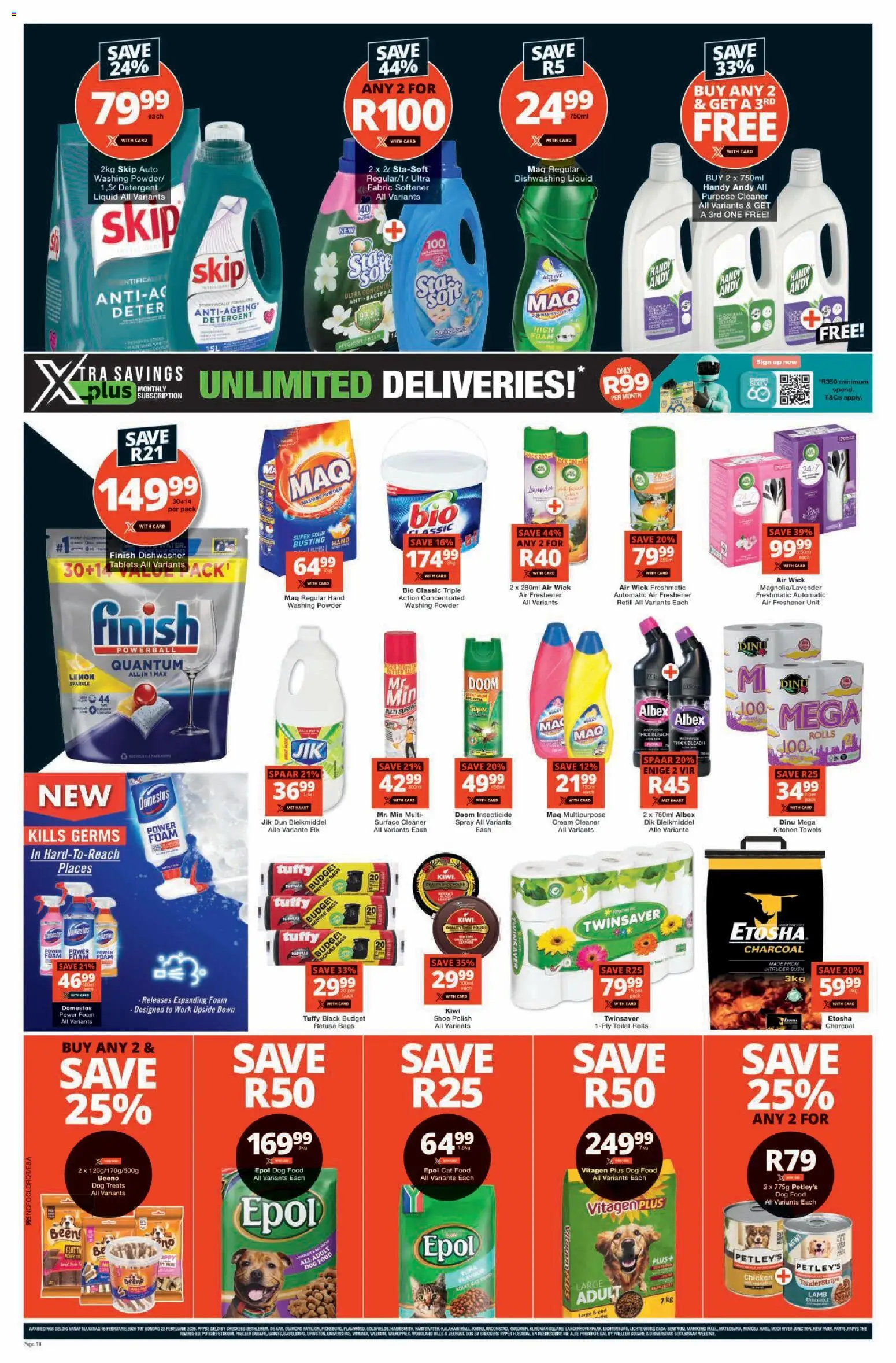 New Checkers catalogue – valid from 16.02.2026 | Page: 10 | Products: Air freshener, Bleach, Kiwi, Washing powder