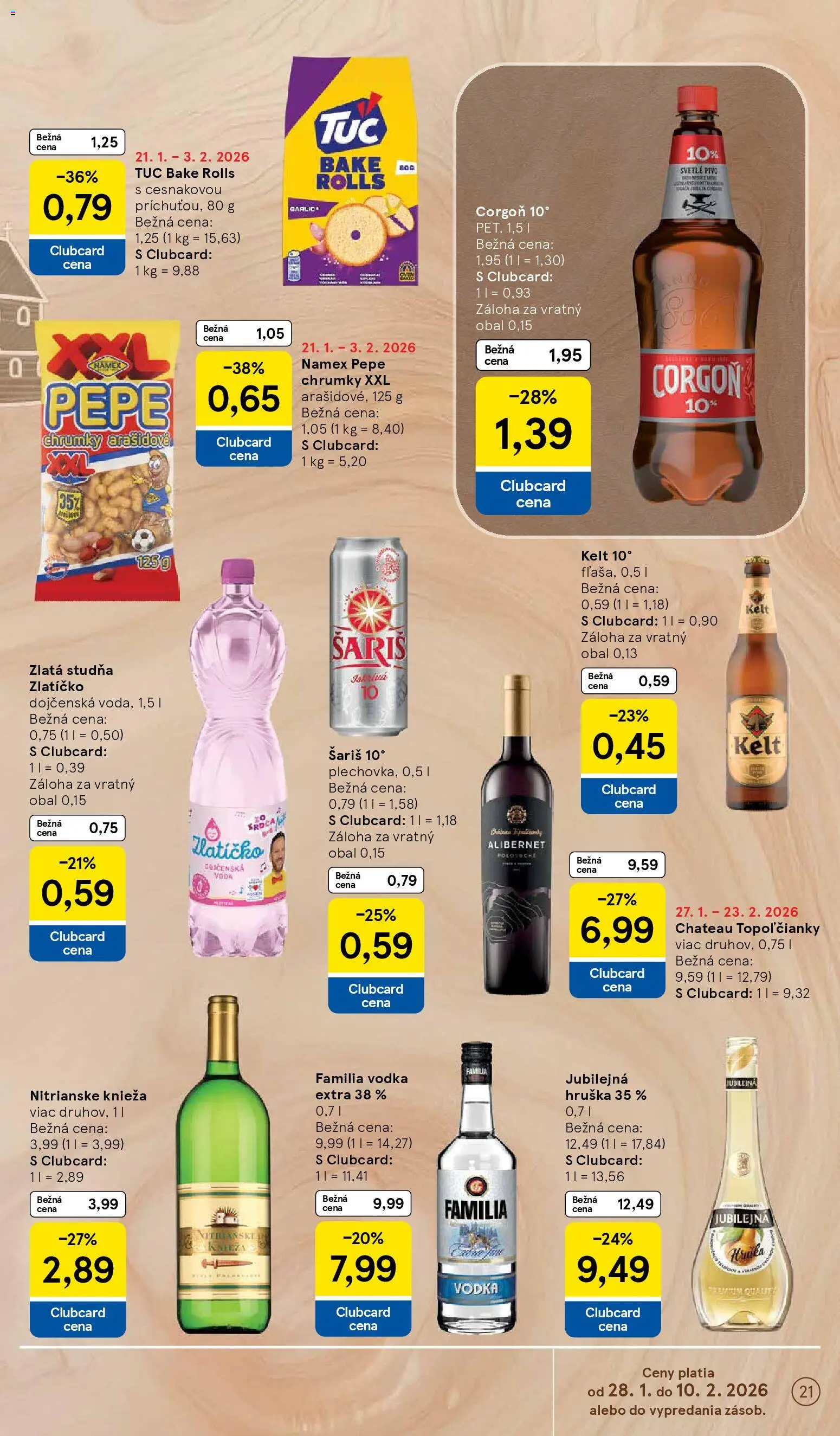 Nové Tesco akcie – leták je platný od 28.01.2026 | Strana: 21 | Produkty: Kelt, Corgoň, Vodka, Voda
