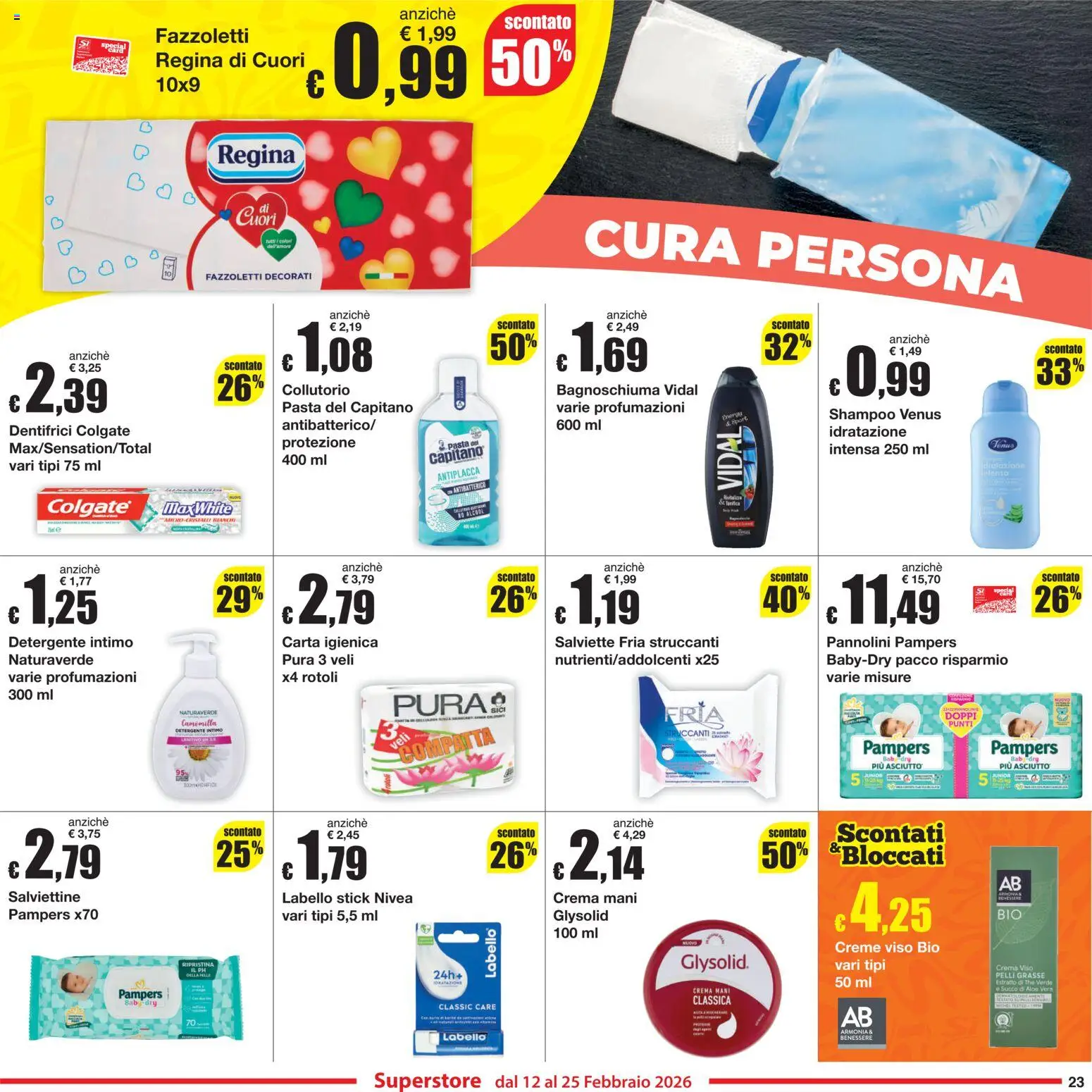 Volantino Sì con Te del 12.02.2026 | Pagina: 23 | Prodotti: Shampoo, Crema, Pannolini, Fazzoletti