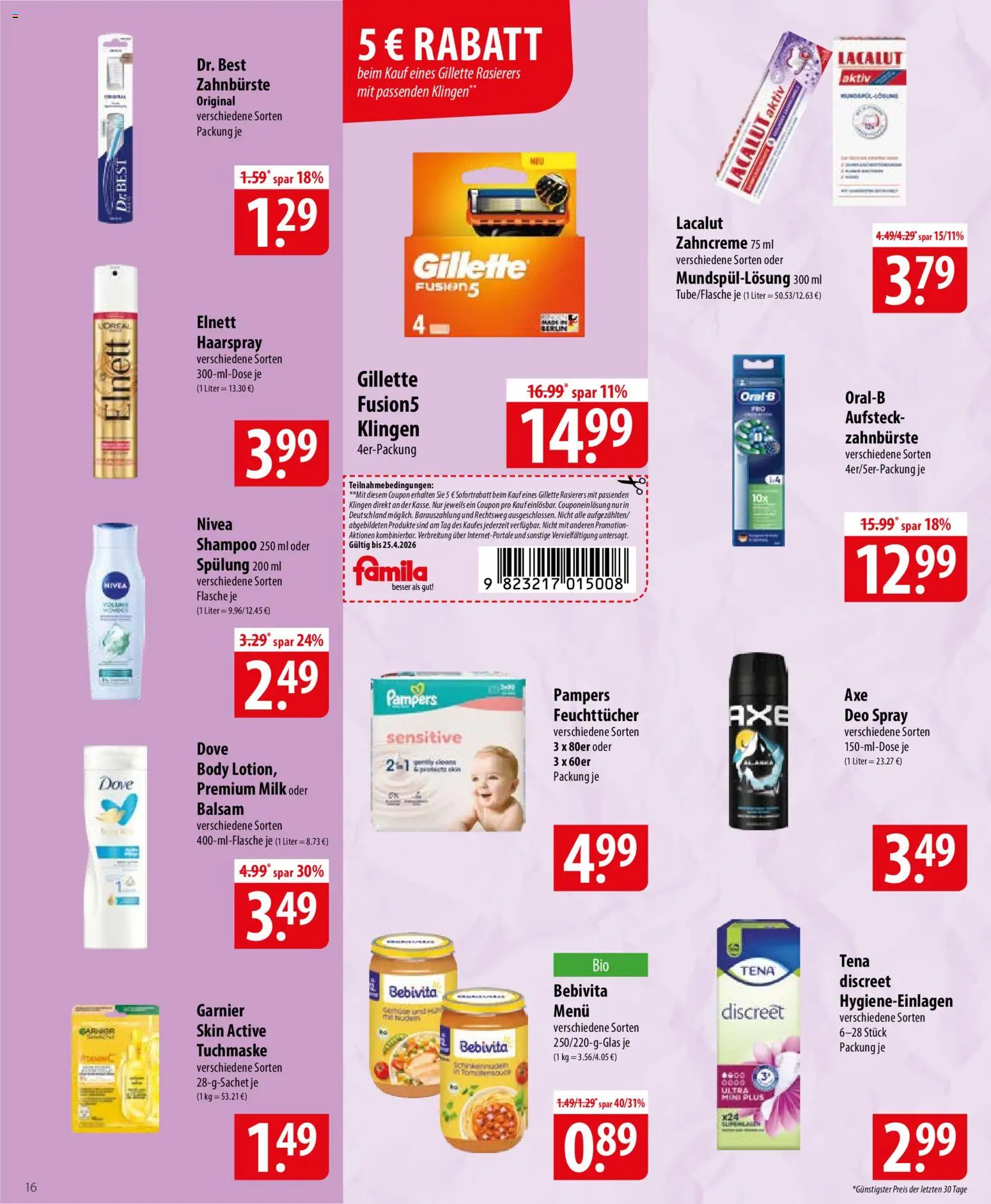 Famila Prospekt 	 – gültig ab 20.04.2026 | Seite: 16 | Produkte: Shampoo, Spülung, Zahnbürste, Tuchmaske