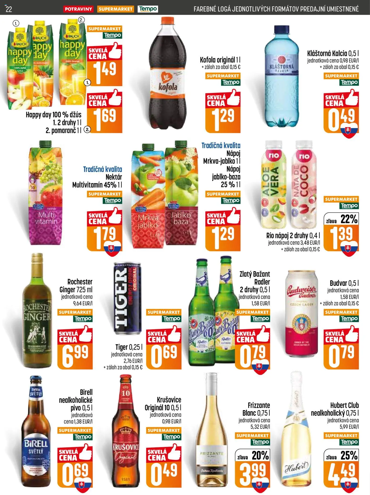 Nové COOP Jednota akcie – leták je platný od 09.04.2026 | Strana: 22 | Produkty: Džús, Krušovice, Budvar, Zlatý Bažant