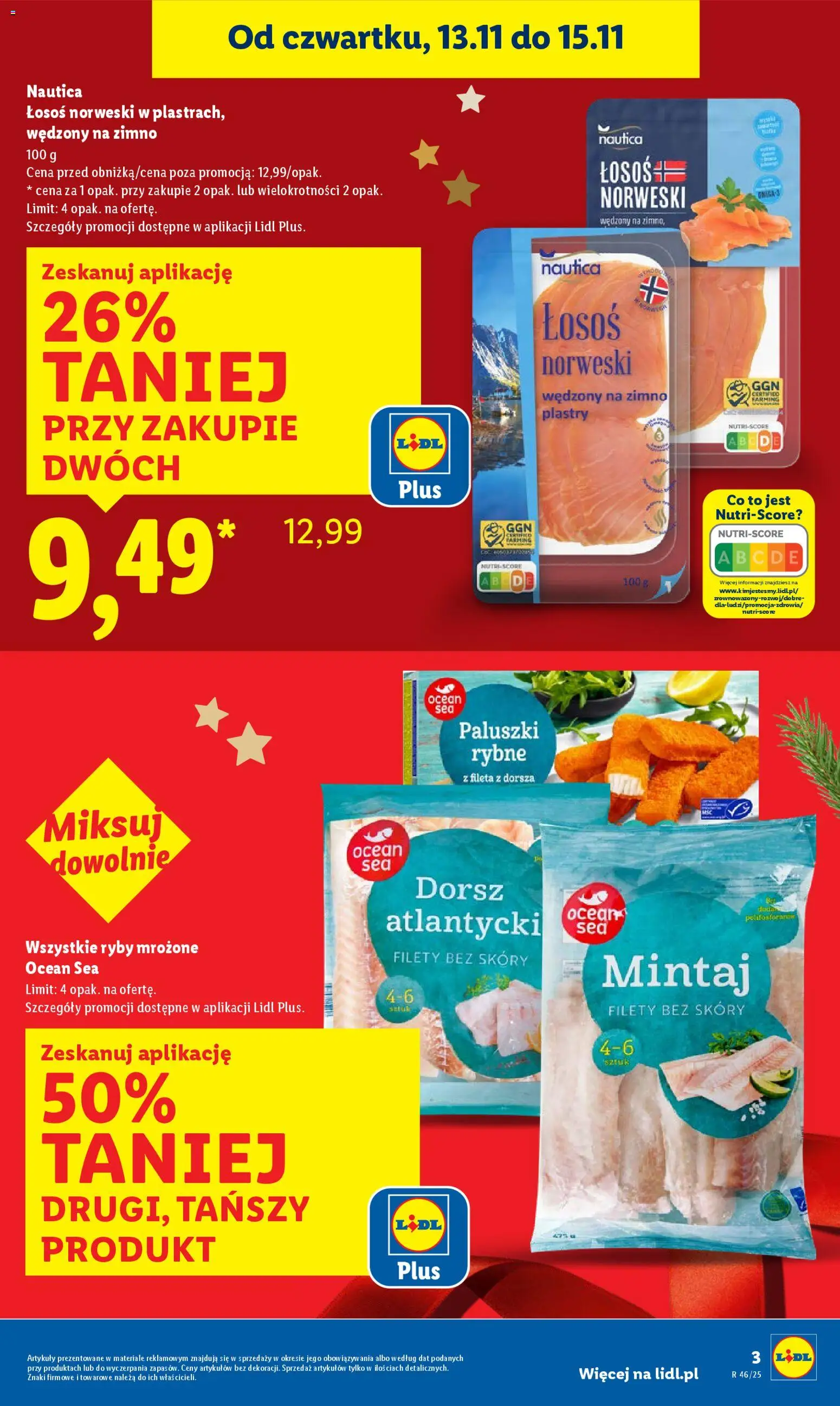 Lidl Gazetka od 13.11.2025 | Strona: 3 | Produkty: Dorsz, Paluszki rybne, Mintaj, Łosoś