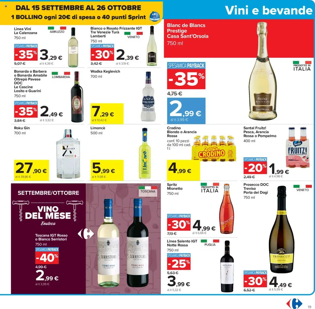 Volantino Carrefour del 26.09.2025 | Pagina: 19 | Prodotti: Gin, Pompelmo, Vino, Arancia
