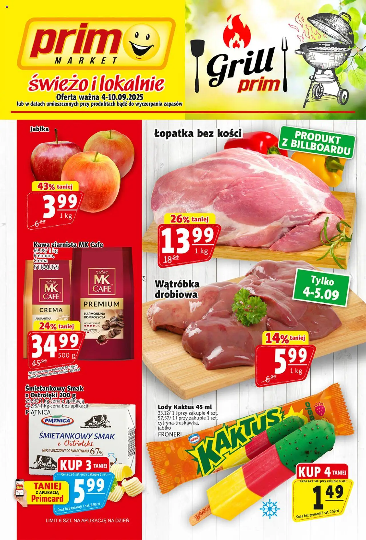 Prim Market Gazetka od 04.09.2025 | Strona: 1 | Produkty: Kawa ziarnista, Kawa, Jabłka, Lody Kaktus