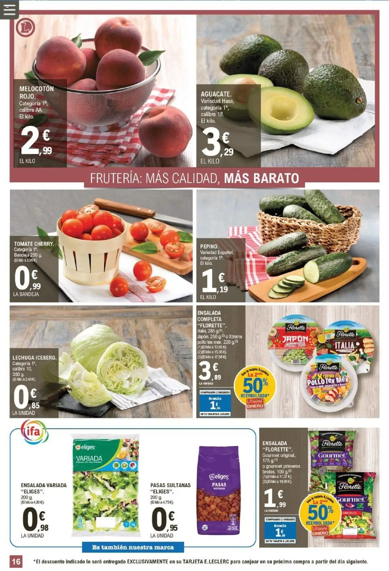 E.Leclerc folleto │ válido desde el 13.08.2025 | Página: 16 | Productos: Queso, Ensalada, Melocotón rojo, Bandeja