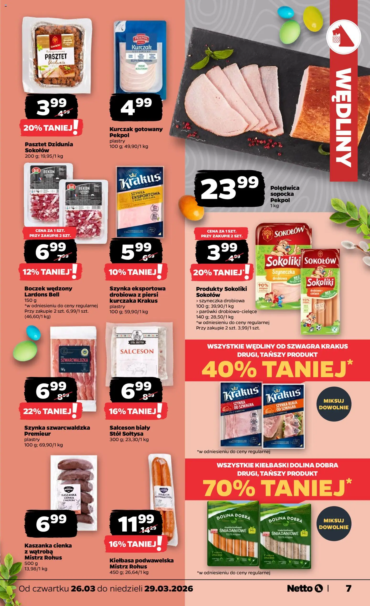 Netto gazetka od czwartku spożywcza od 26.03.2026 | Strona: 7 | Produkty: Kiełbasa, Stół, Wędliny, Szynka szwarcwaldzka
