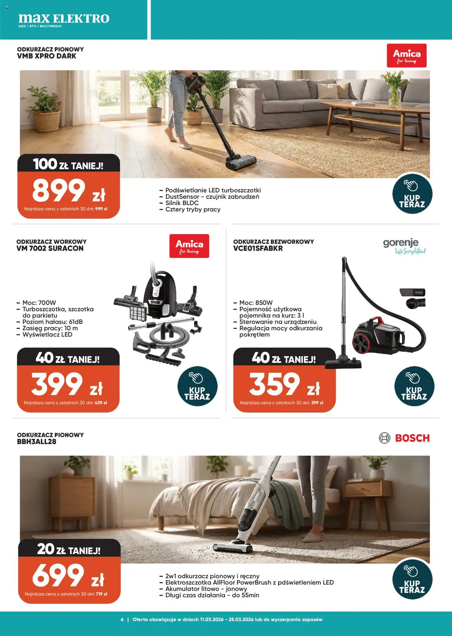 Max elektro gazetka od 11.03.2026 | Strona: 6 | Produkty: Odkurzacz, Odkurzacz pionowy, Szczotka