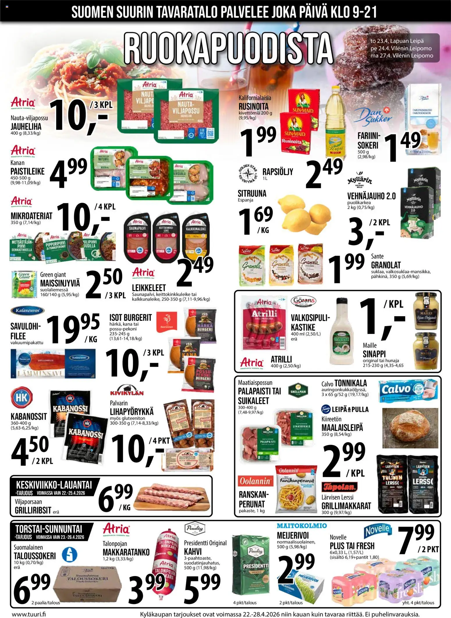 Tuuri tarjoukset – voimassa 22.04.2026 alkaen | Sivu: 8 | Tuotteet: Rapsiöljy, Kana, Savulohi, Leipä