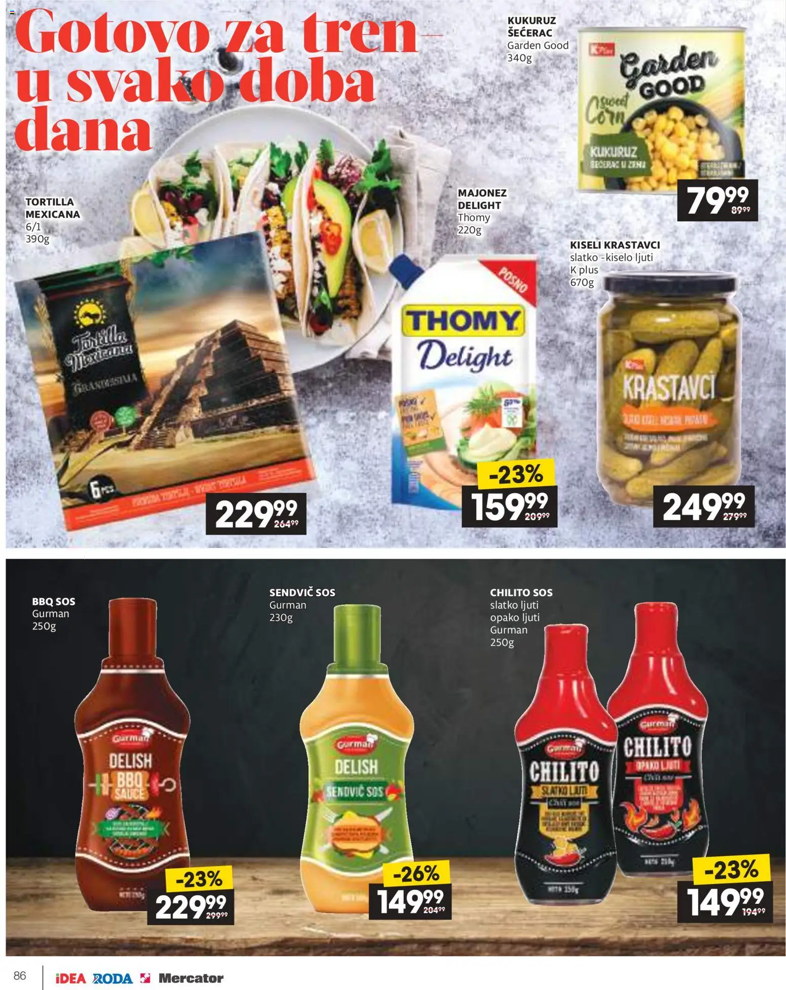 Idea katalog - važi od 09.04.2026 | Strana: 86 | Proizvode: Kiseli krastavci, Krastavci, Kukuruz šećerac, Sos